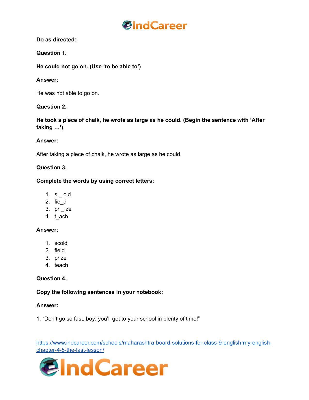 Maharashtra Board Solutions for Class 9- English (My English): Chapter 4.5- The Last Lesson - Page 21