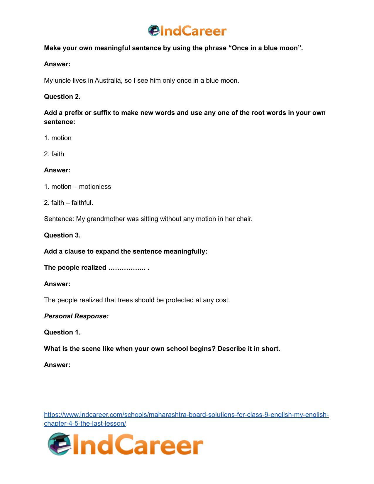 Maharashtra Board Solutions for Class 9- English (My English): Chapter 4.5- The Last Lesson - Page 24