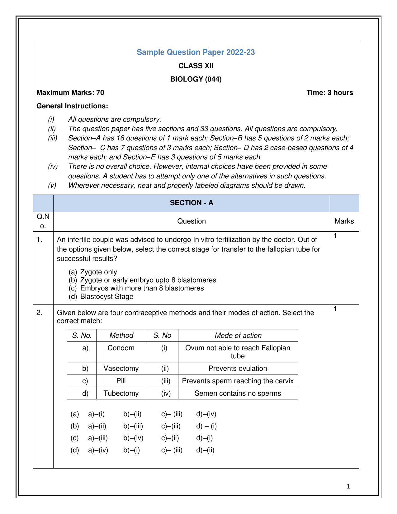 CBSE Class 12 Biology Sample Paper 2023 - Page 1