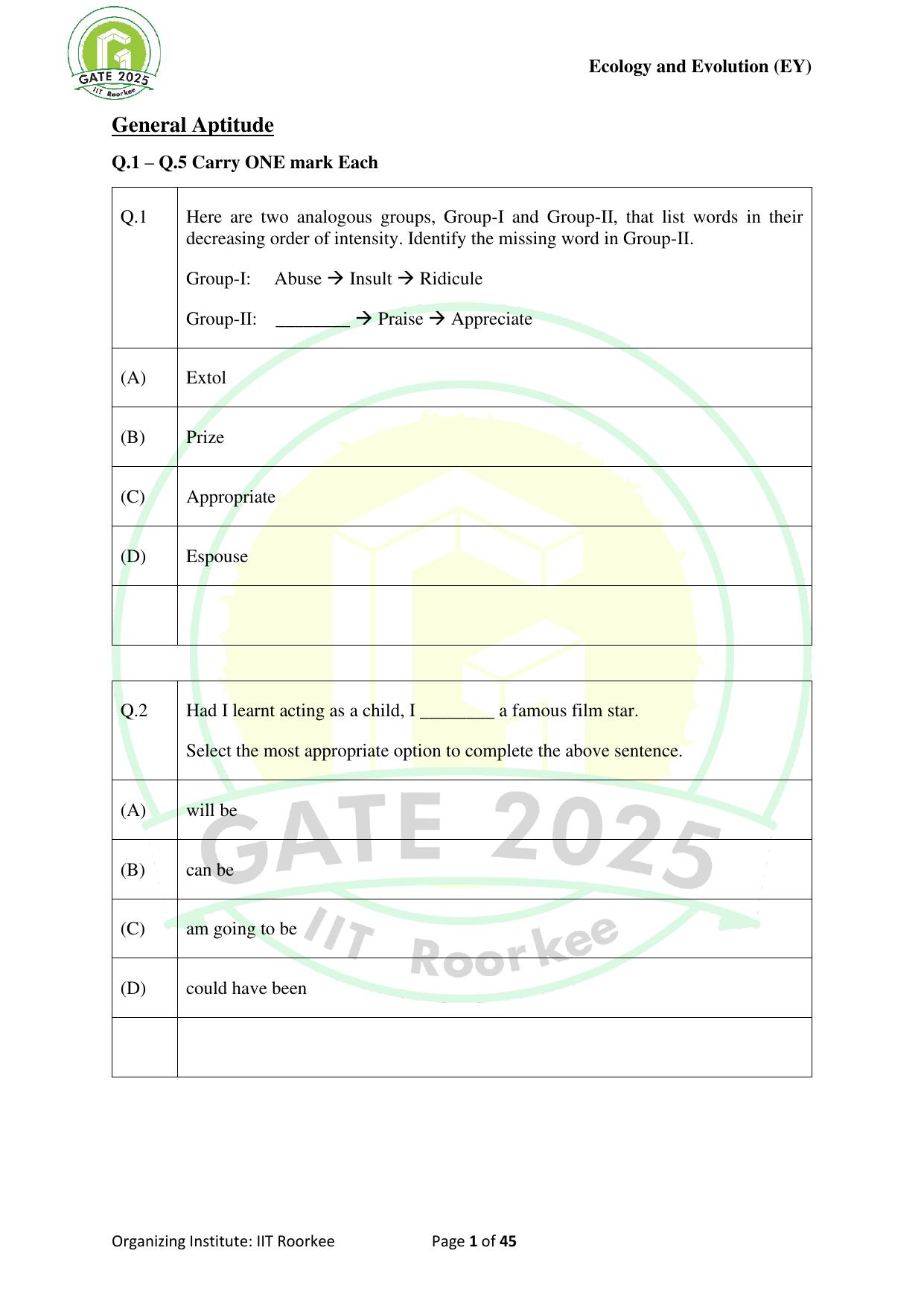 GATE 2025 Ecology and Evolution (EY) Question Paper - Page 1