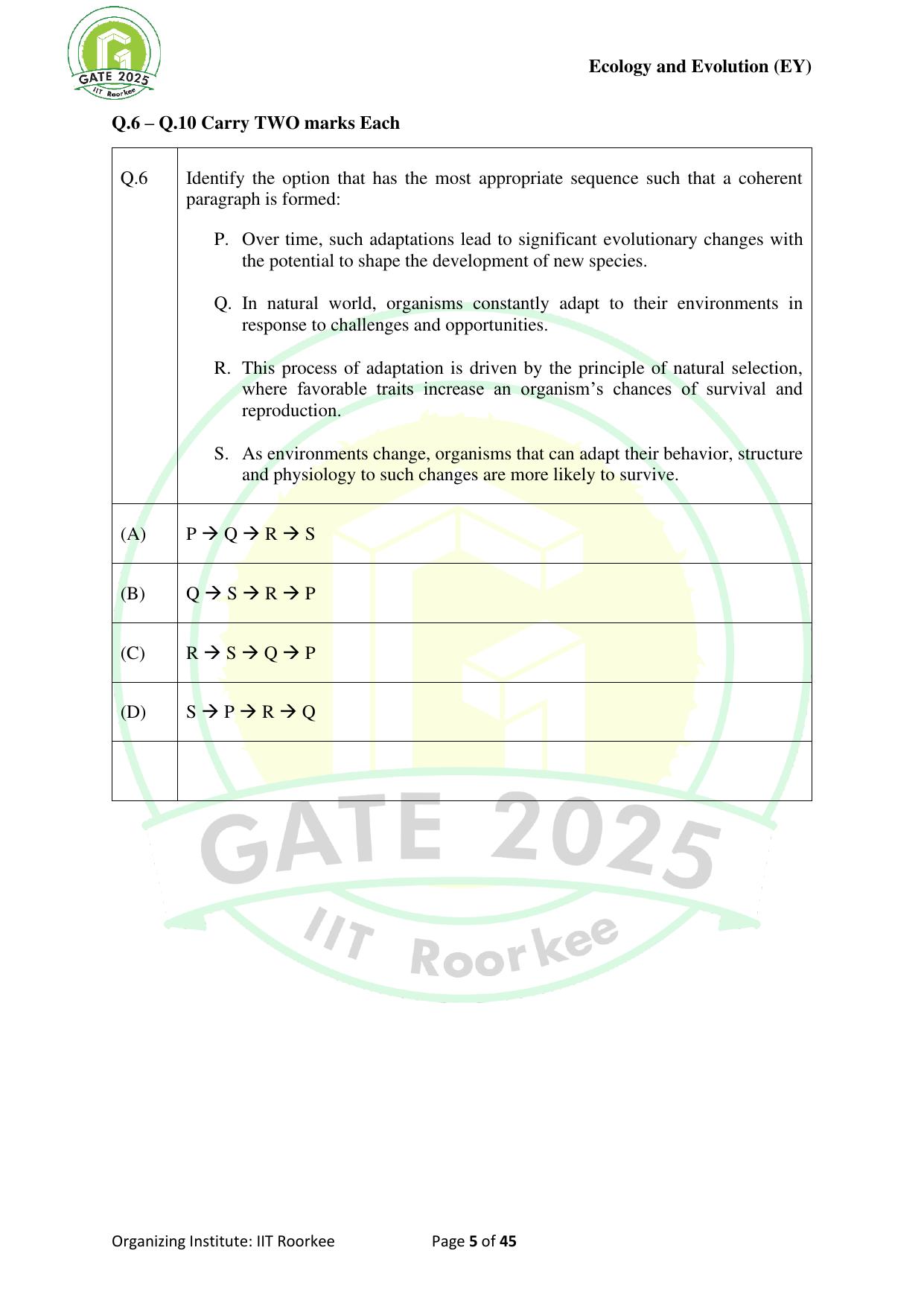 GATE 2025 Ecology and Evolution (EY) Question Paper - Page 5