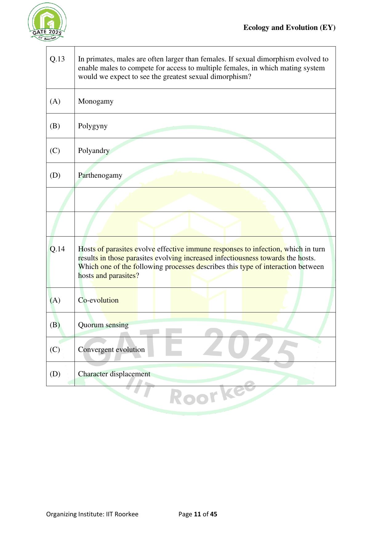 GATE 2025 Ecology and Evolution (EY) Question Paper - Page 11
