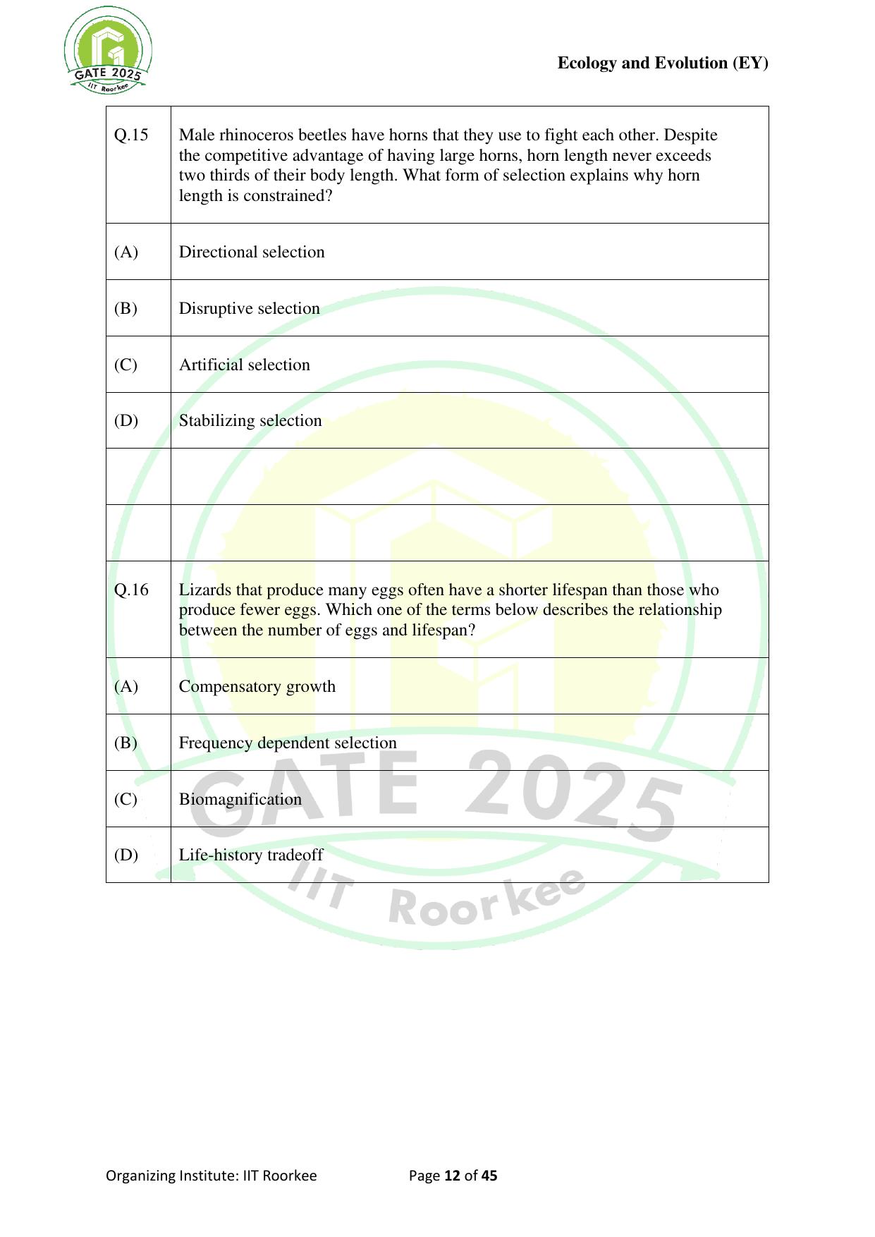 GATE 2025 Ecology and Evolution (EY) Question Paper - Page 12