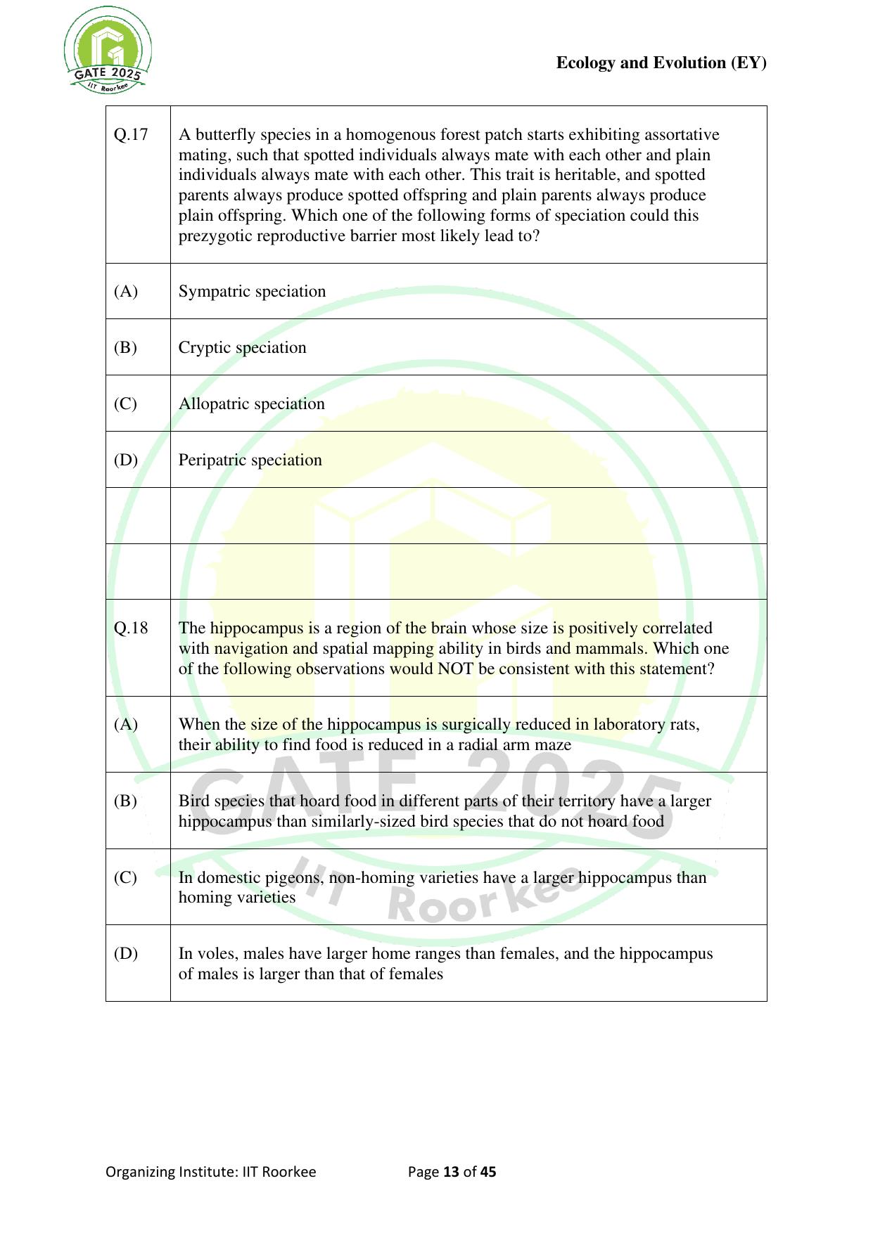 GATE 2025 Ecology and Evolution (EY) Question Paper - Page 13