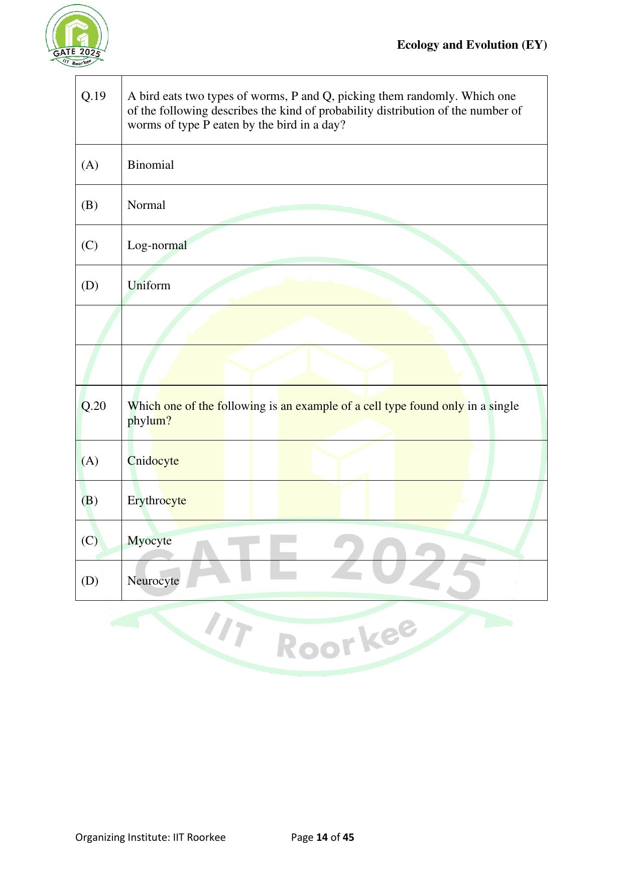 GATE 2025 Ecology and Evolution (EY) Question Paper - Page 14