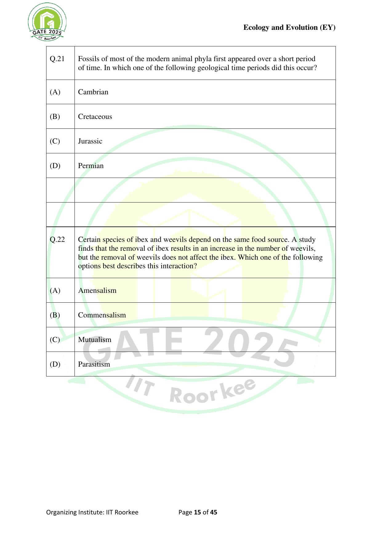 GATE 2025 Ecology and Evolution (EY) Question Paper - Page 15