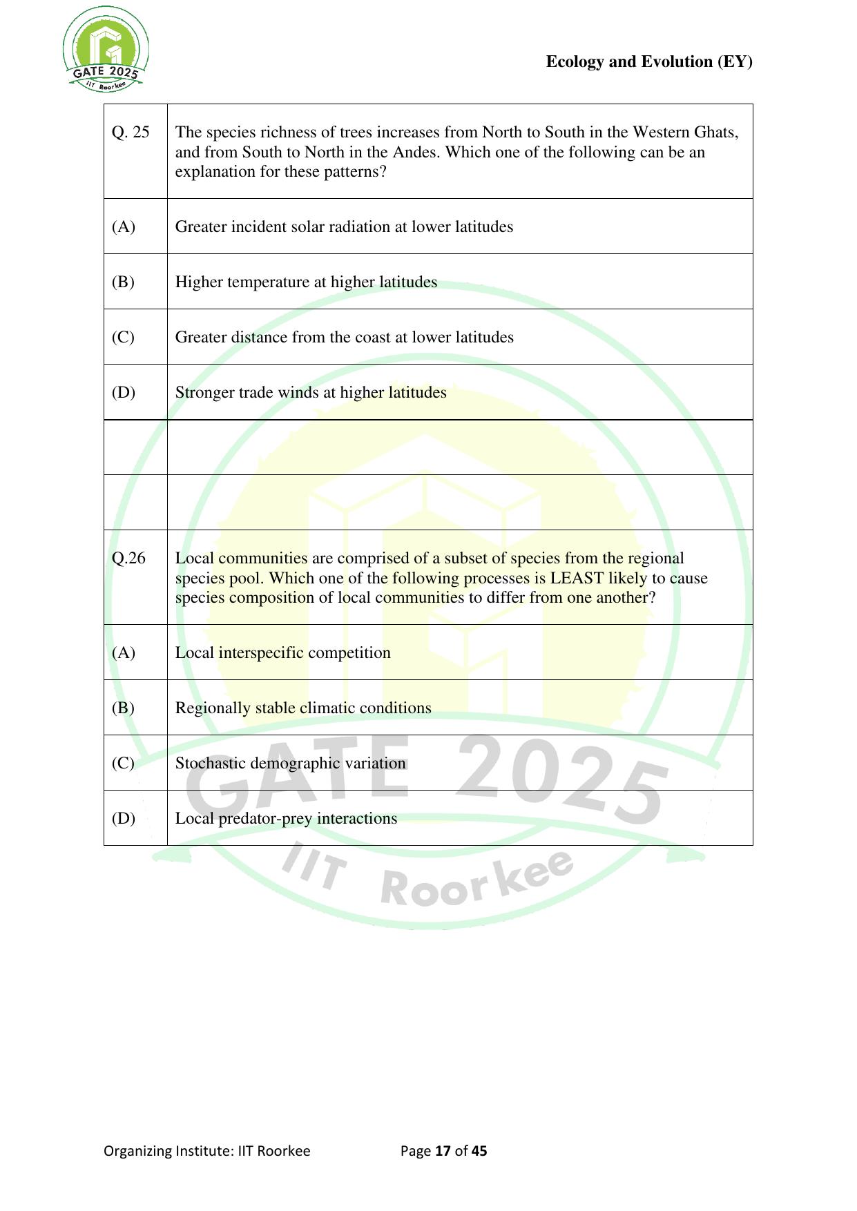 GATE 2025 Ecology and Evolution (EY) Question Paper - Page 17