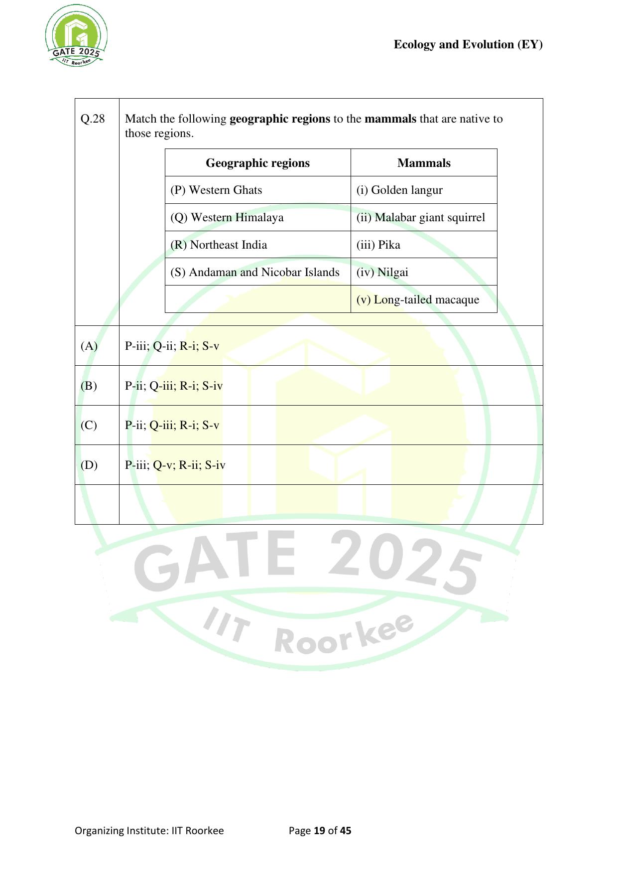 GATE 2025 Ecology and Evolution (EY) Question Paper - Page 19