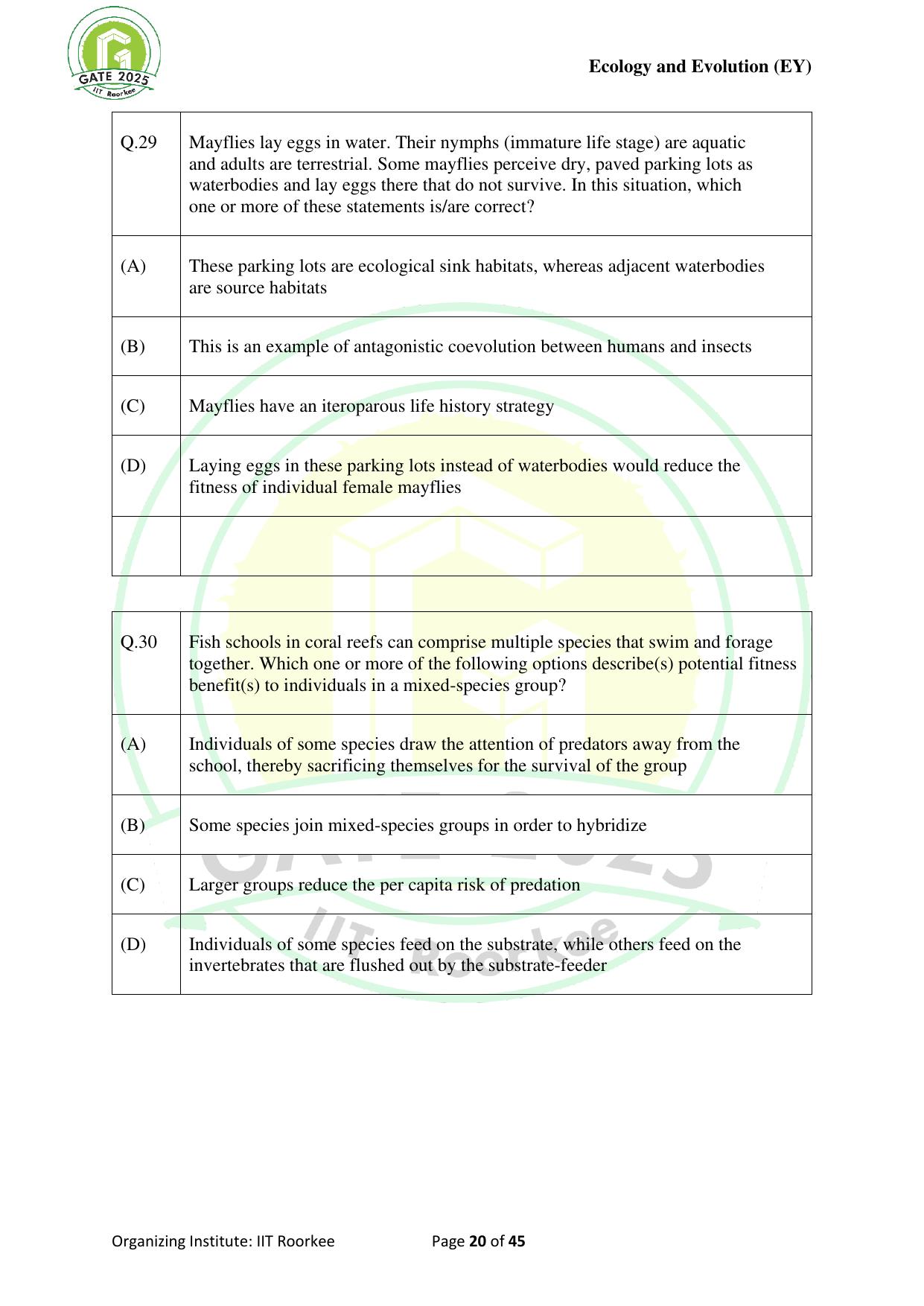 GATE 2025 Ecology and Evolution (EY) Question Paper - Page 20