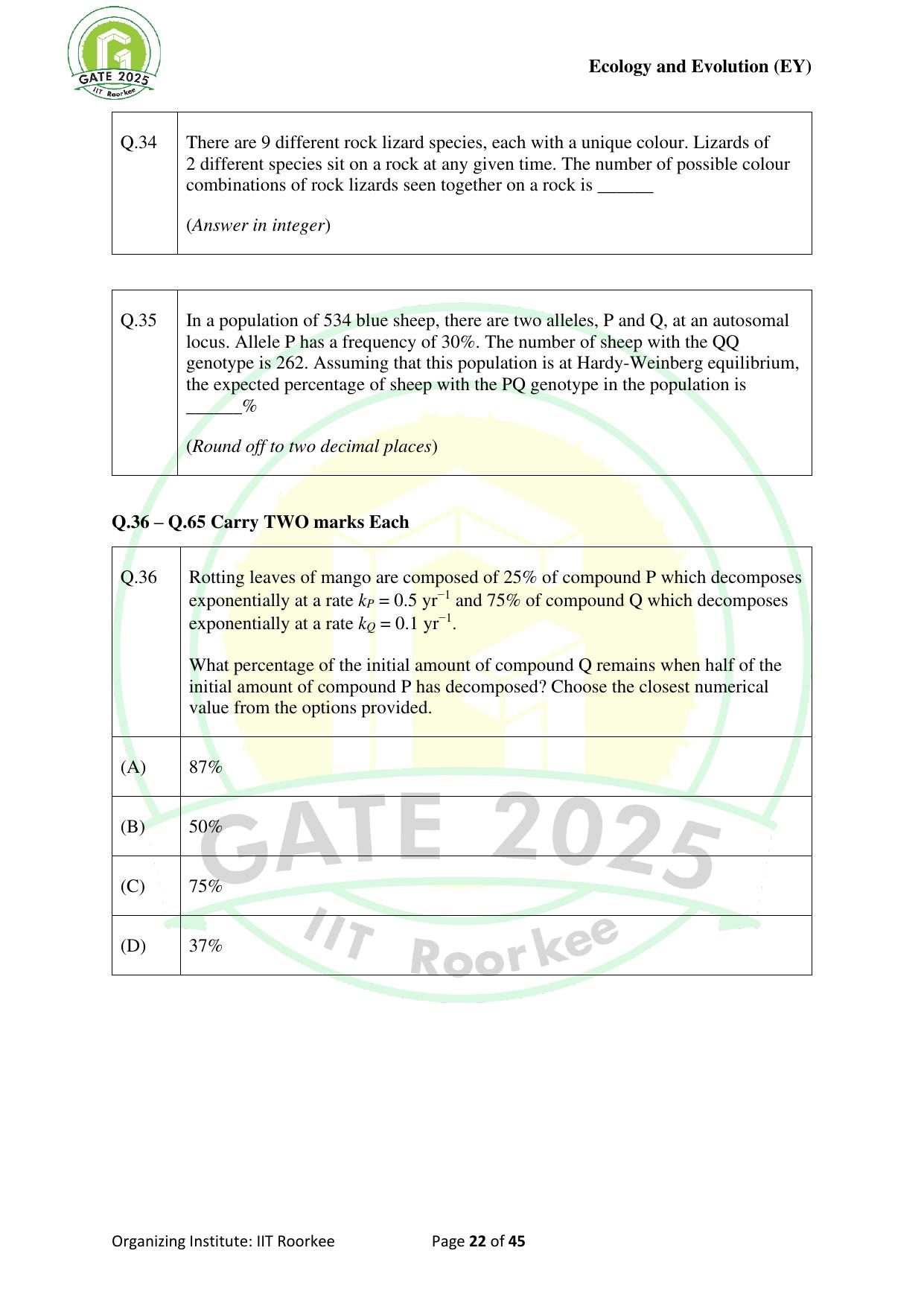 GATE 2025 Ecology and Evolution (EY) Question Paper - Page 22