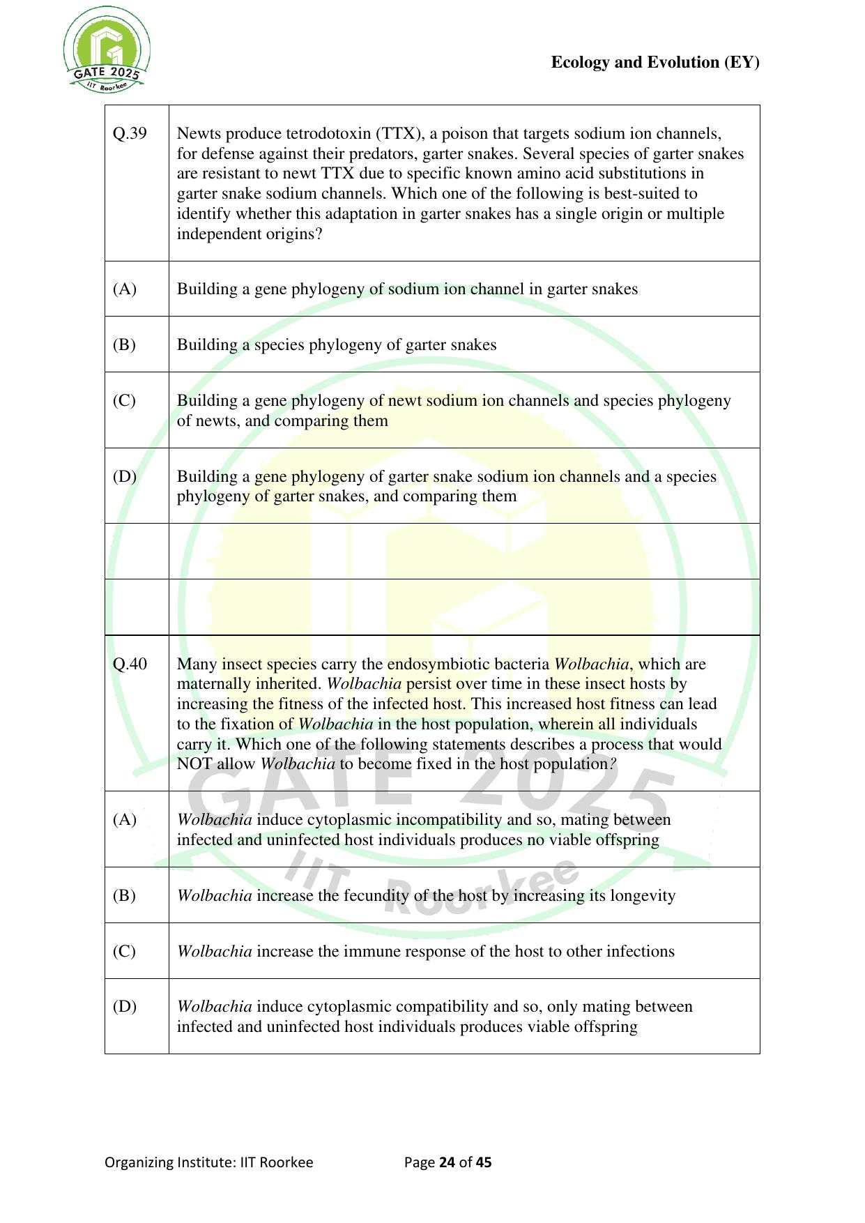 GATE 2025 Ecology and Evolution (EY) Question Paper - Page 24