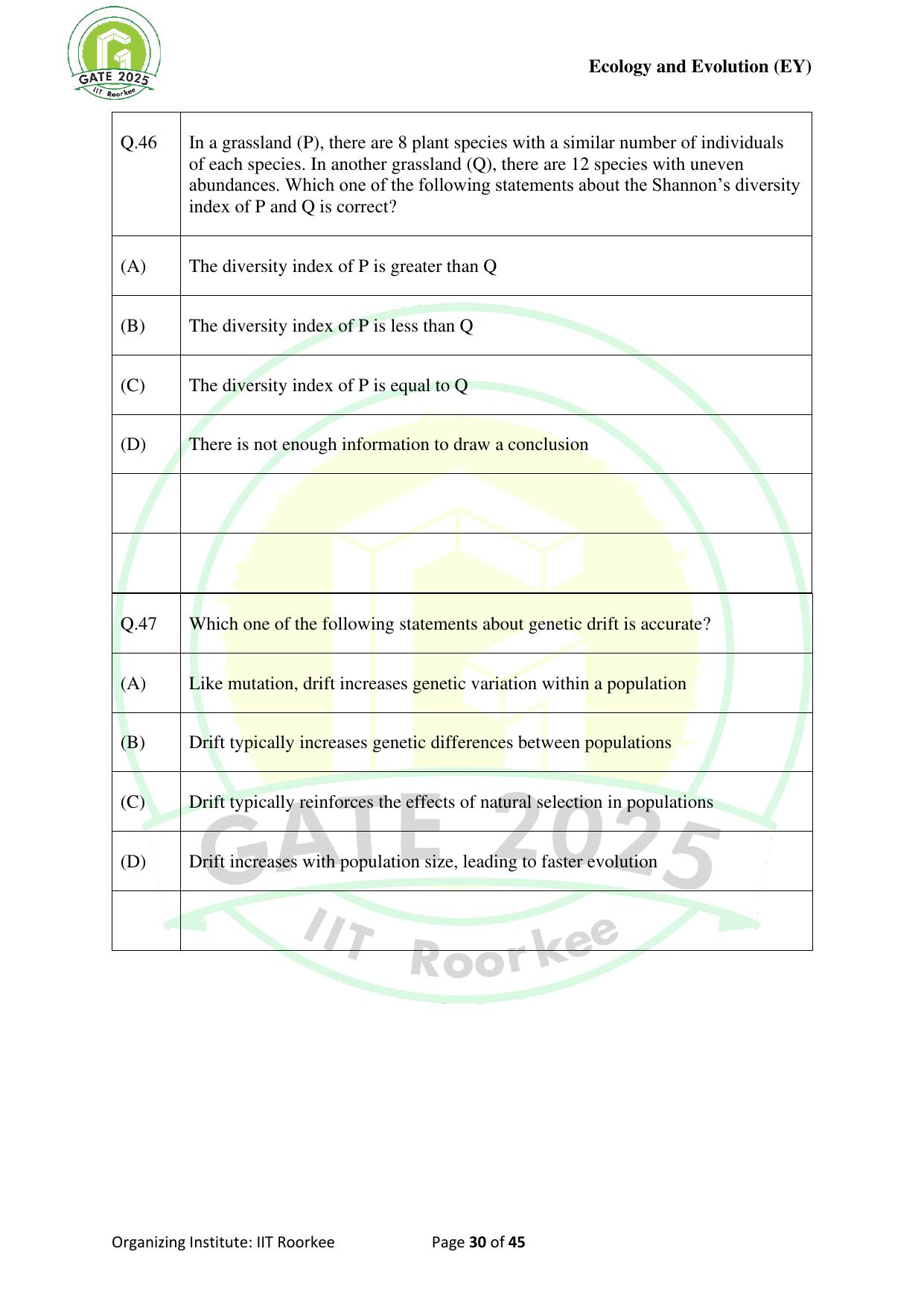 GATE 2025 Ecology and Evolution (EY) Question Paper - Page 30