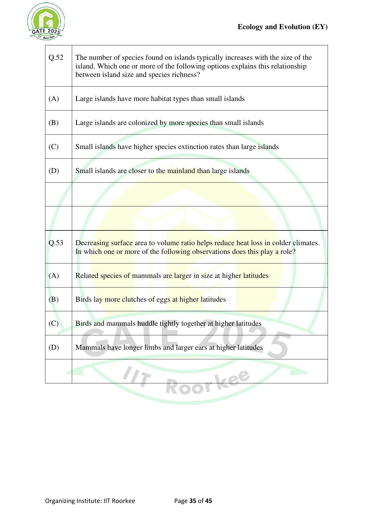 GATE 2025 Ecology and Evolution (EY) Question Paper - Page 35