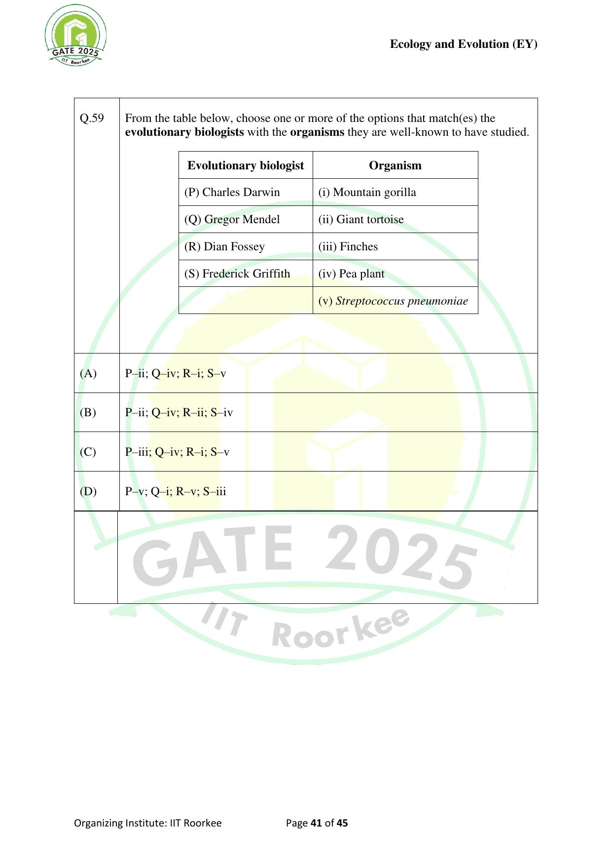 GATE 2025 Ecology and Evolution (EY) Question Paper - Page 41