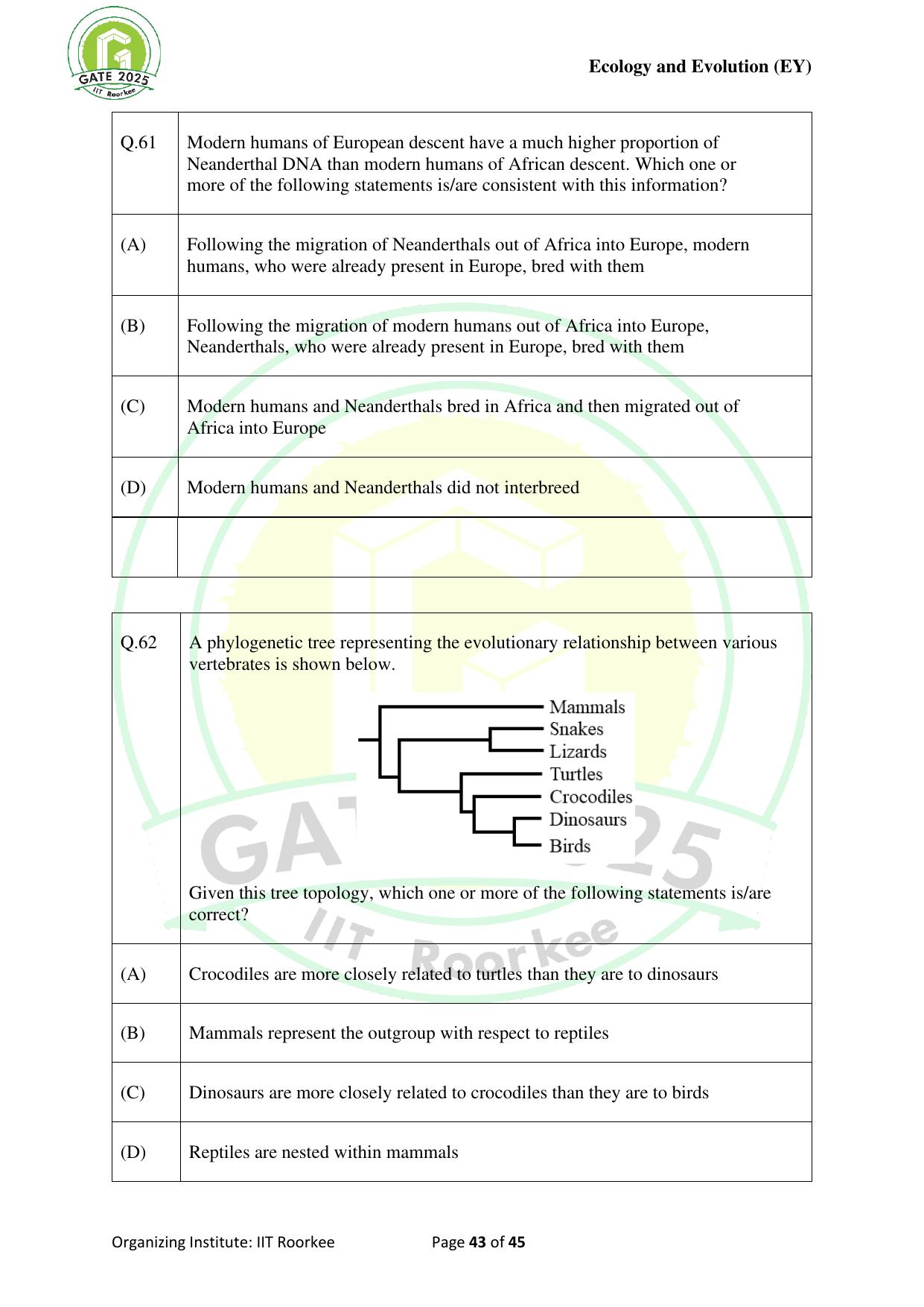 GATE 2025 Ecology and Evolution (EY) Question Paper - Page 43