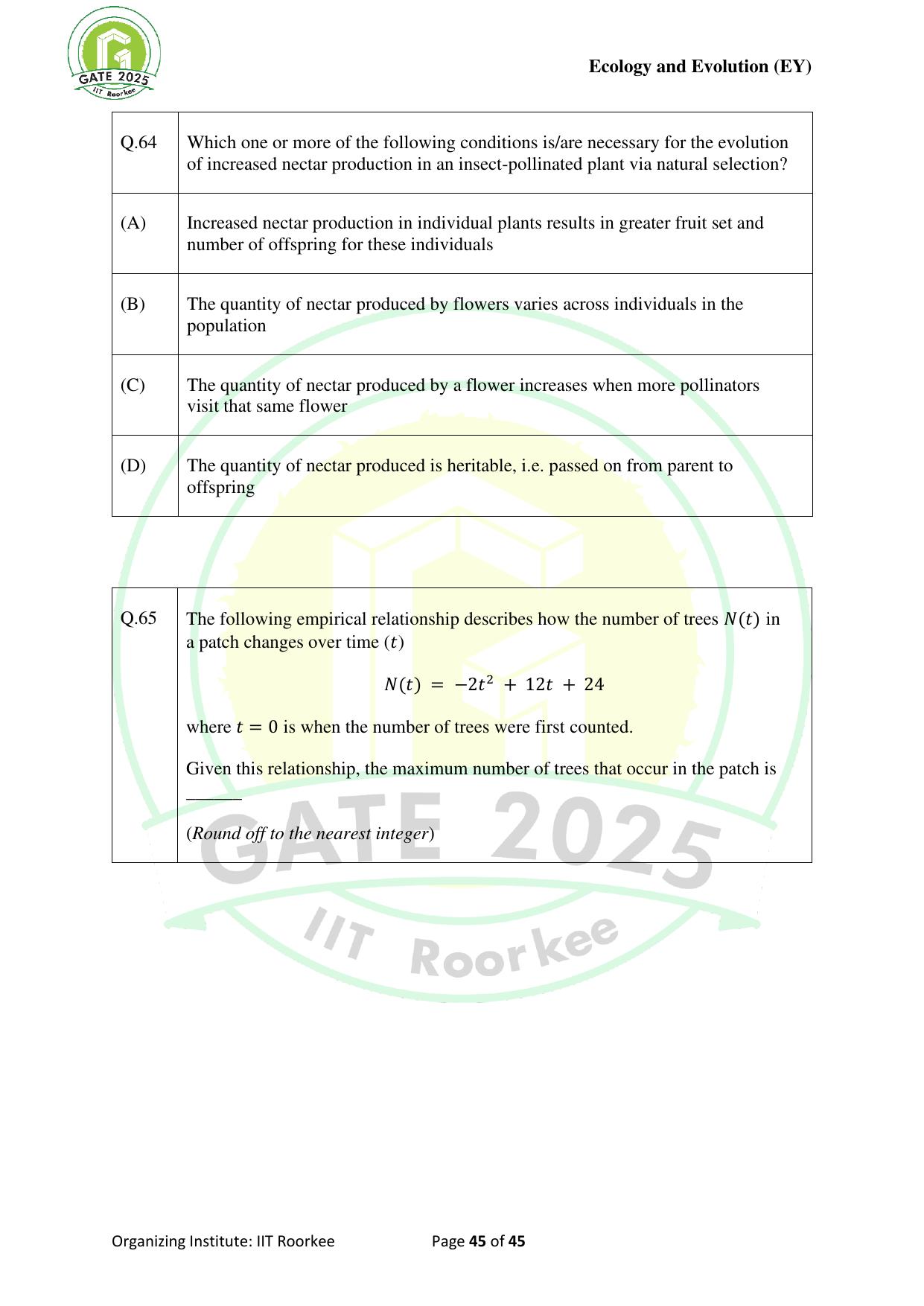 GATE 2025 Ecology and Evolution (EY) Question Paper - Page 45