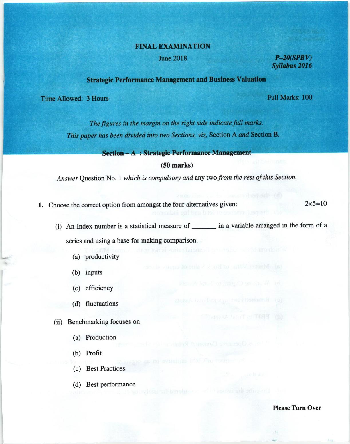 ICMAI June 2018 Strategic Performance Management & Business Valuation Question Paper (Final) - Page 1