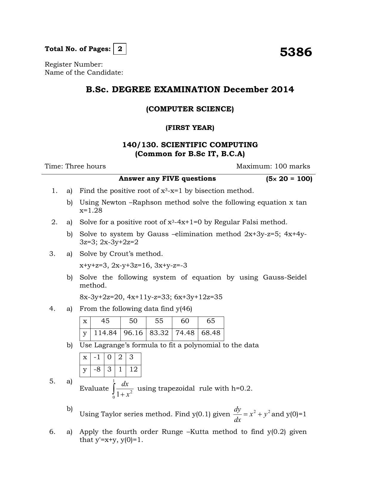 Annamalai University Scientific Computing B.C.A. (OUS) December 2014 Question Papers - Page 1