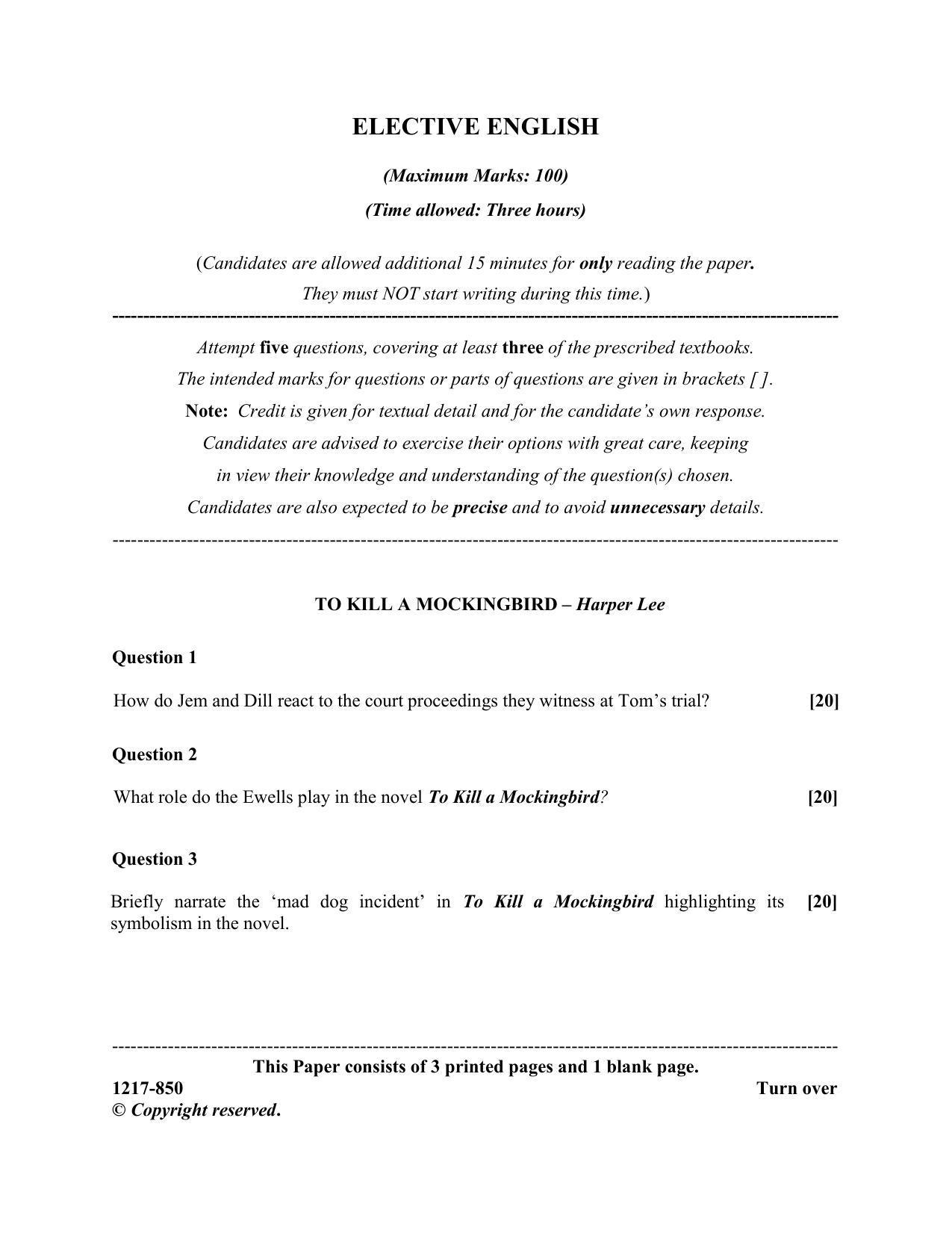 ISC Class 12 2017 Elective English Question Paper - Page 1