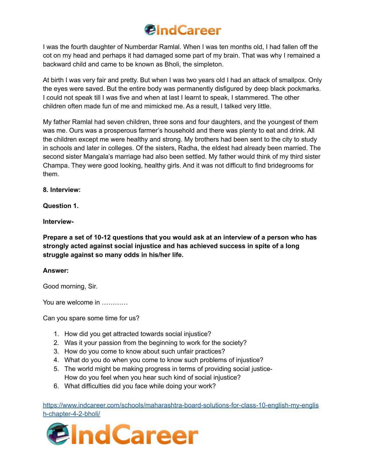 Maharashtra Board Solutions for Class 10- English (My English): Chapter 4.2- Bholi - Page 13