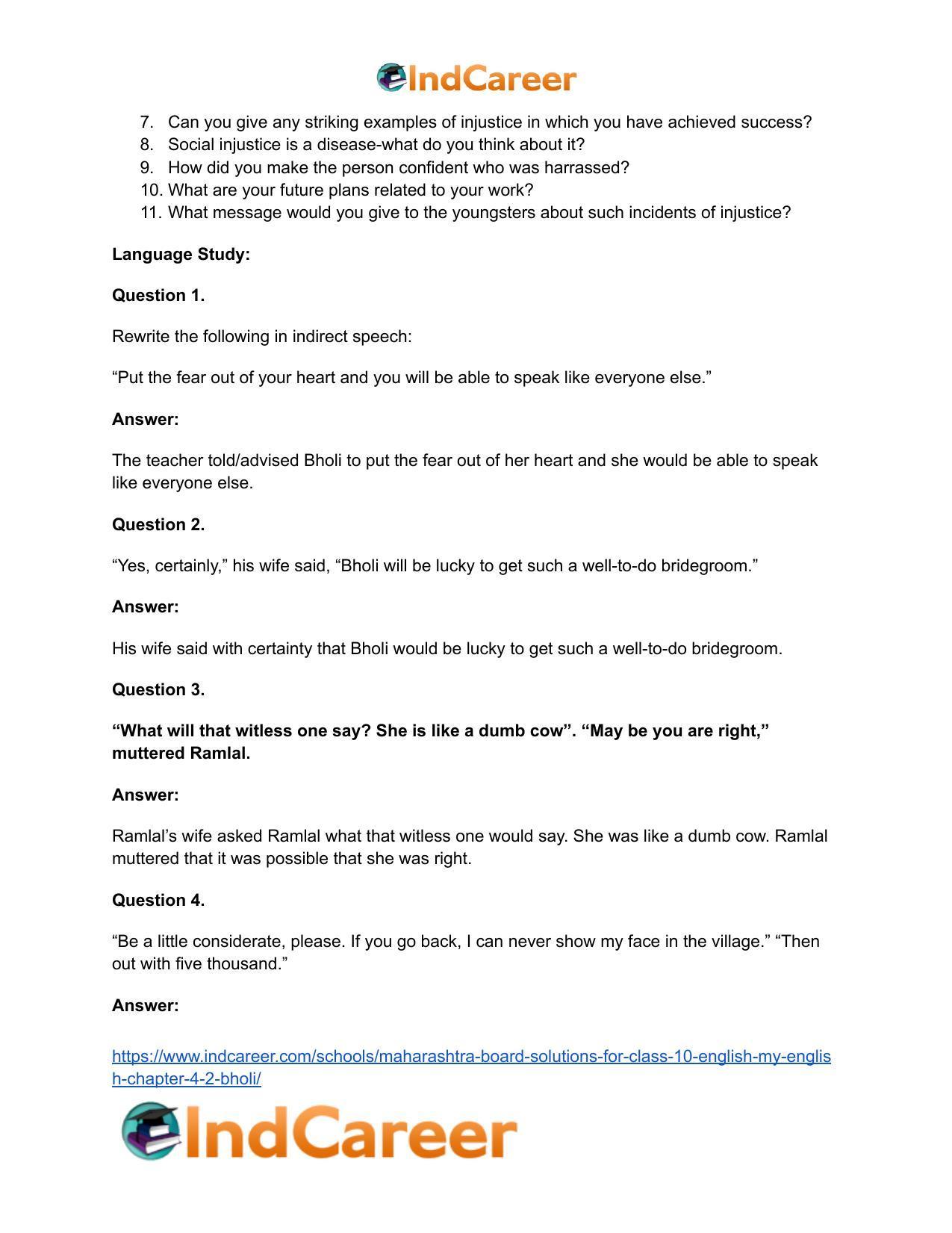 Maharashtra Board Solutions for Class 10- English (My English): Chapter 4.2- Bholi - Page 14