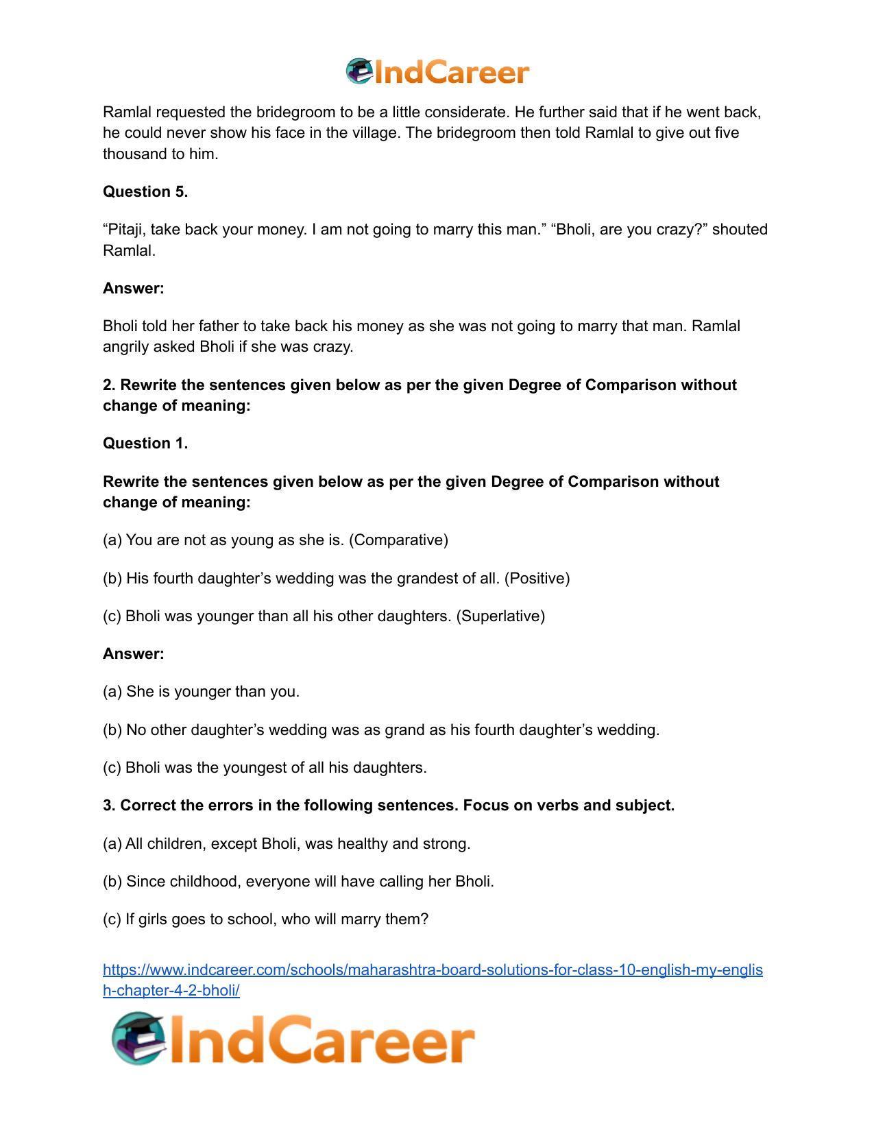 Maharashtra Board Solutions for Class 10- English (My English): Chapter 4.2- Bholi - Page 15
