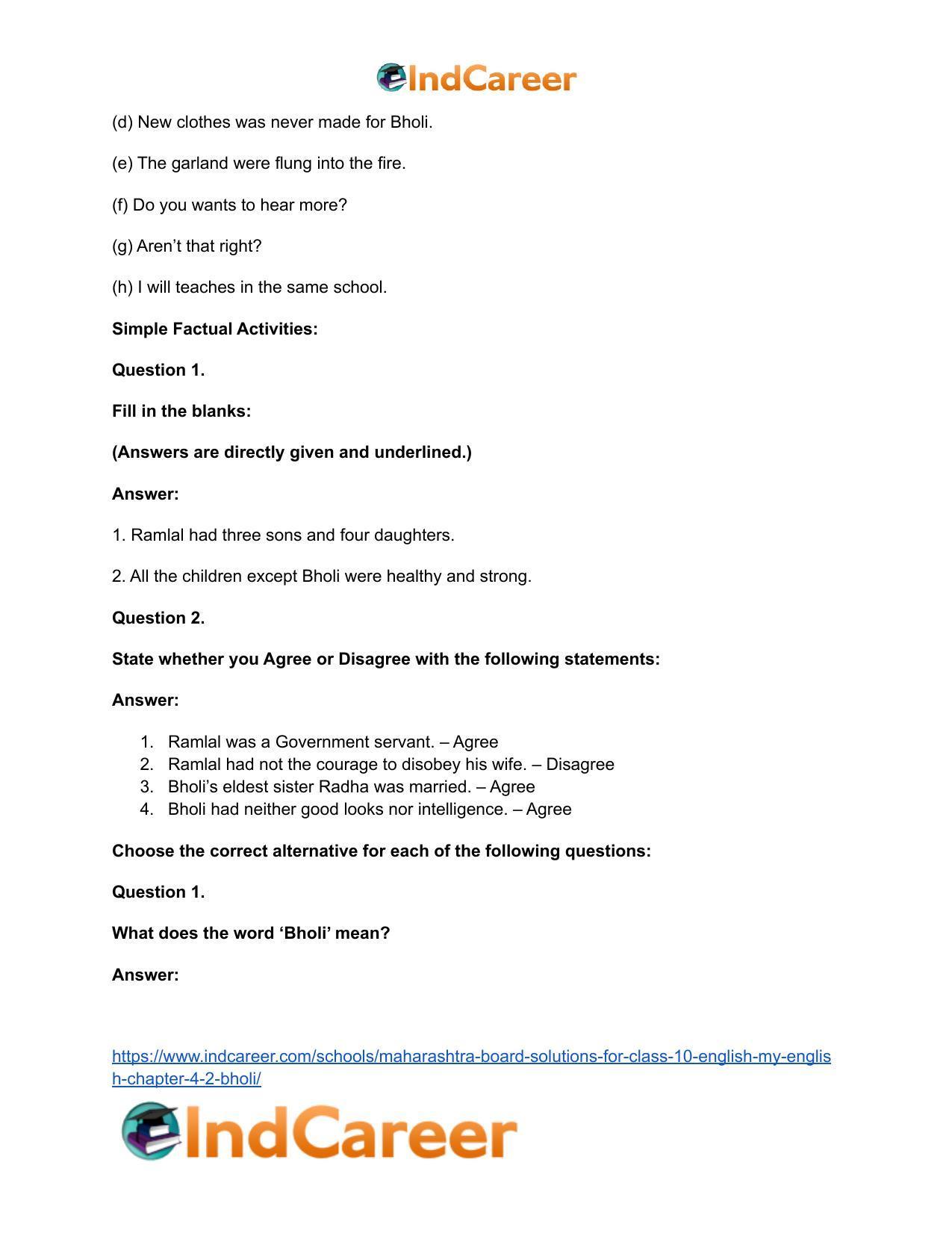 Maharashtra Board Solutions for Class 10- English (My English): Chapter 4.2- Bholi - Page 16