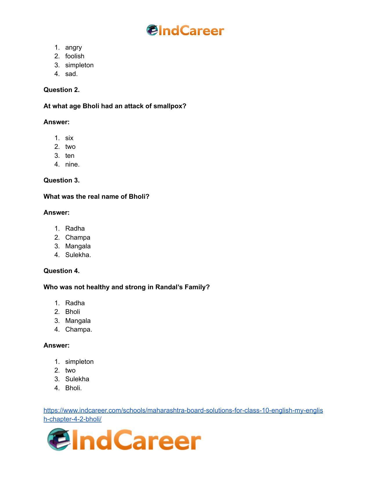 Maharashtra Board Solutions for Class 10- English (My English): Chapter 4.2- Bholi - Page 17