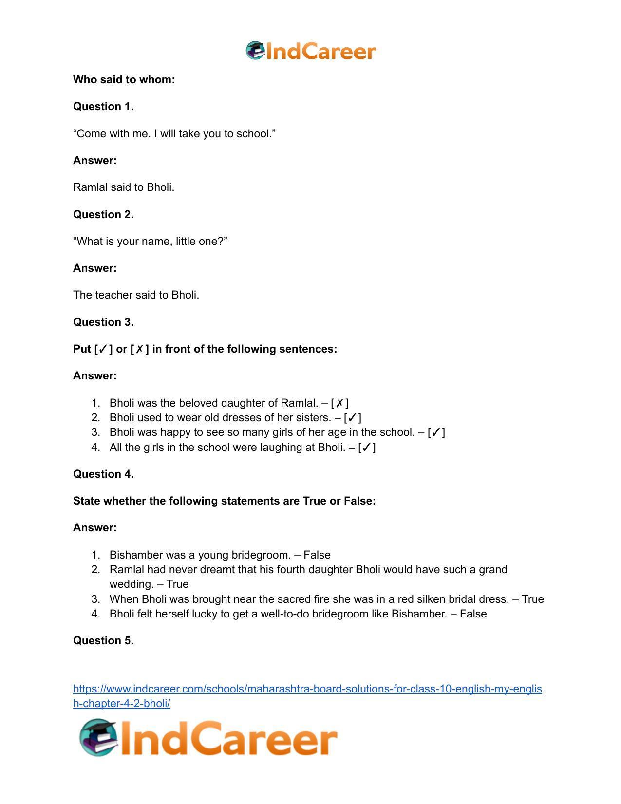 Maharashtra Board Solutions for Class 10- English (My English): Chapter 4.2- Bholi - Page 18