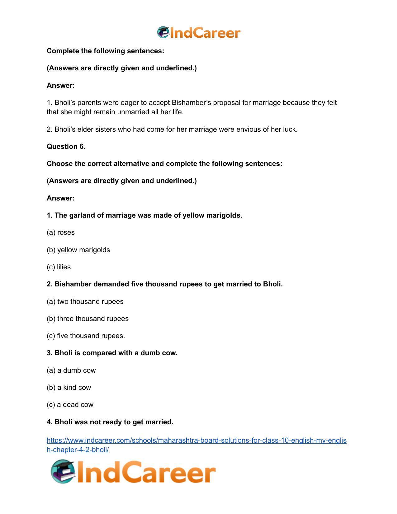 Maharashtra Board Solutions for Class 10- English (My English): Chapter 4.2- Bholi - Page 19