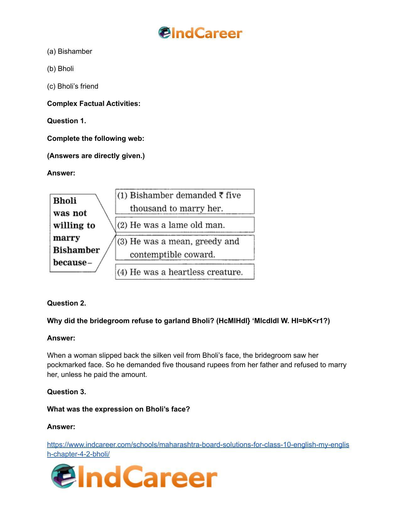 Maharashtra Board Solutions for Class 10- English (My English): Chapter 4.2- Bholi - Page 20