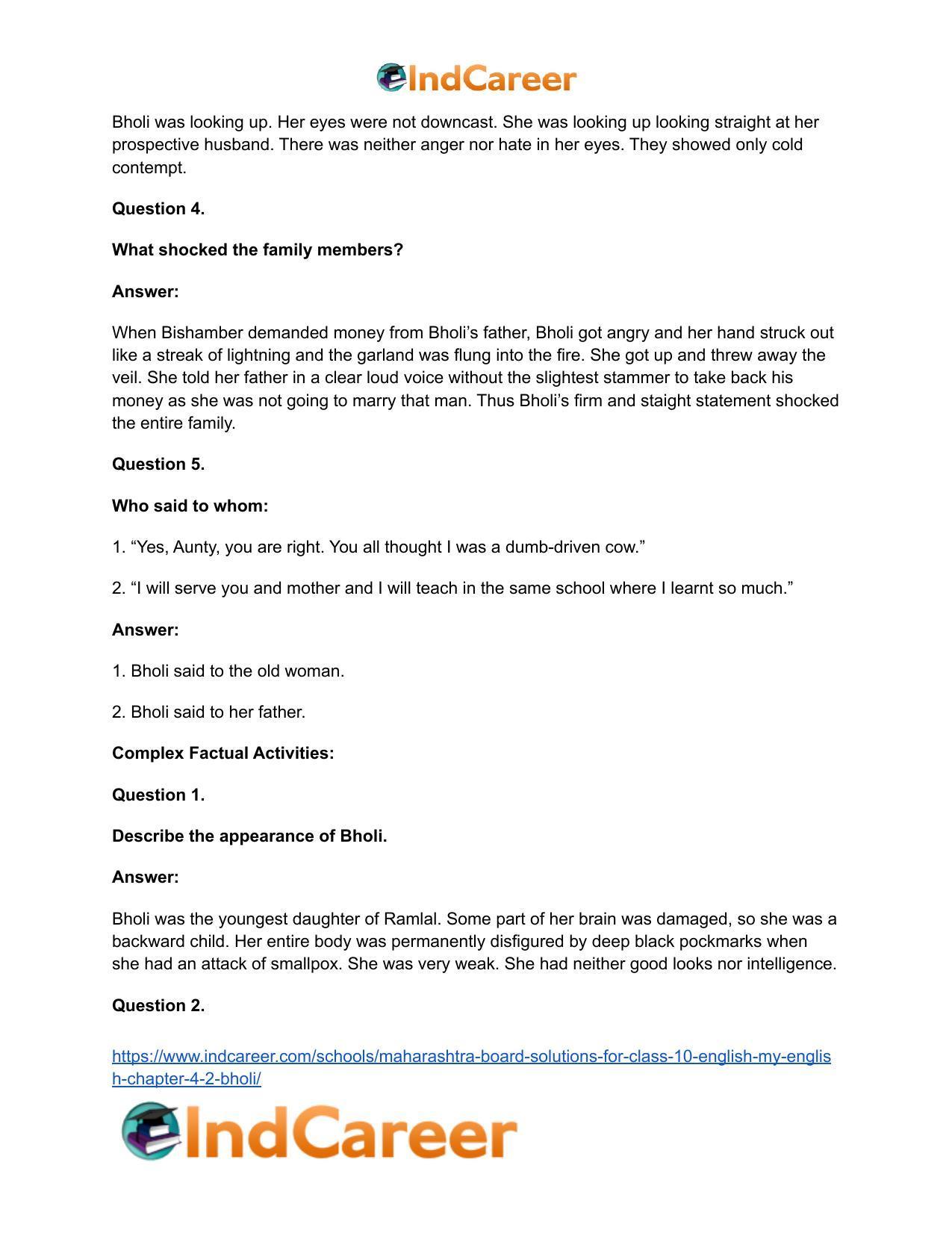 Maharashtra Board Solutions for Class 10- English (My English): Chapter 4.2- Bholi - Page 21
