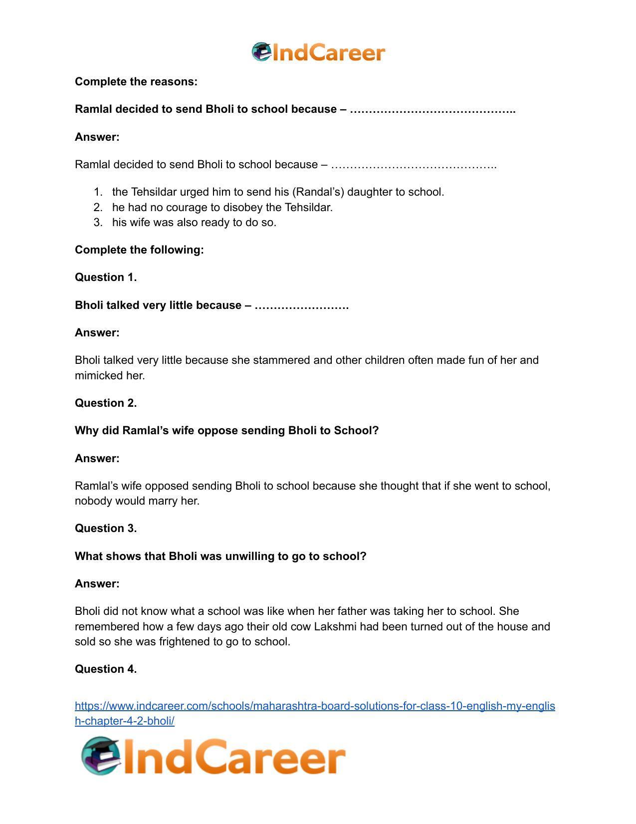 Maharashtra Board Solutions for Class 10- English (My English): Chapter 4.2- Bholi - Page 22