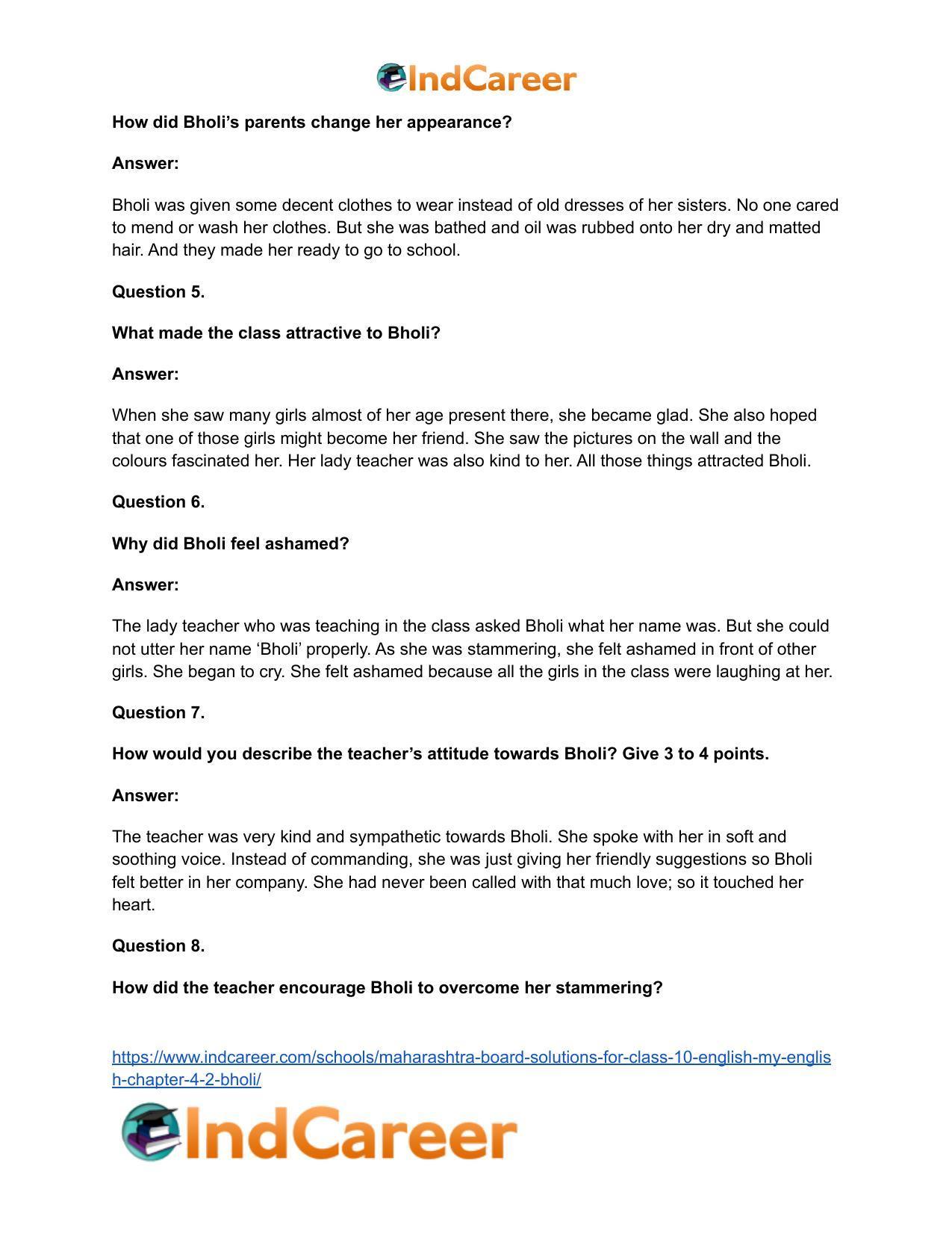 Maharashtra Board Solutions for Class 10- English (My English): Chapter 4.2- Bholi - Page 23