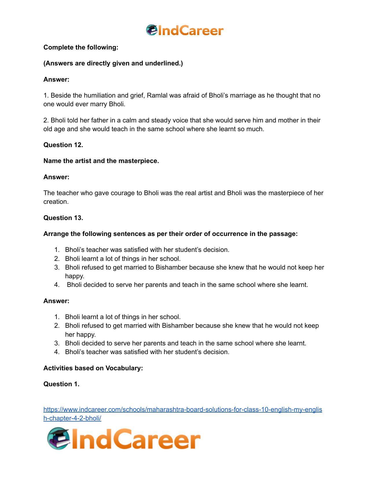 Maharashtra Board Solutions for Class 10- English (My English): Chapter 4.2- Bholi - Page 25