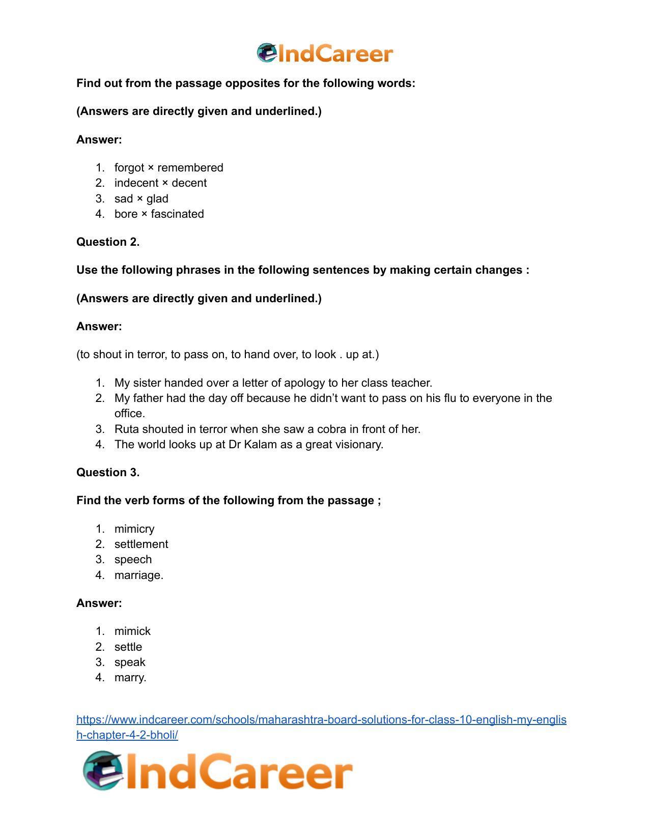 Maharashtra Board Solutions for Class 10- English (My English): Chapter 4.2- Bholi - Page 26