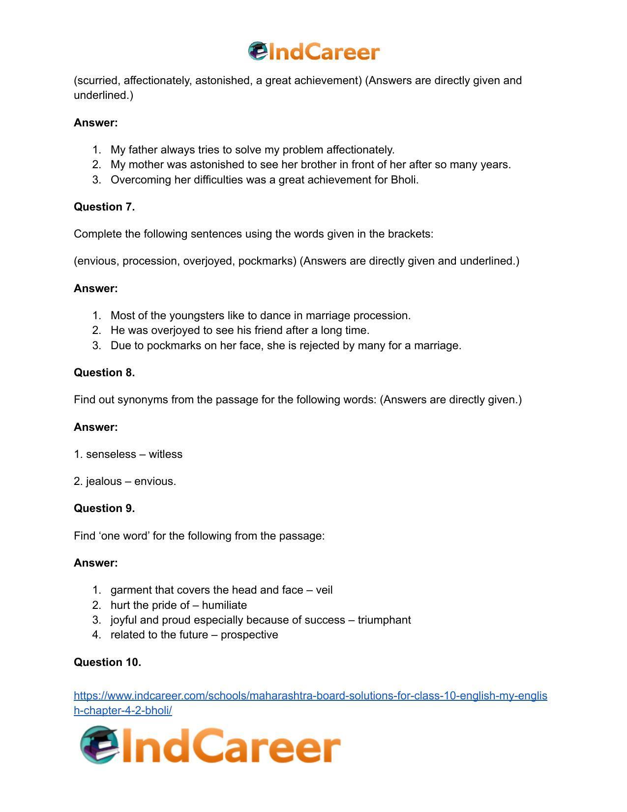 Maharashtra Board Solutions for Class 10- English (My English): Chapter 4.2- Bholi - Page 28