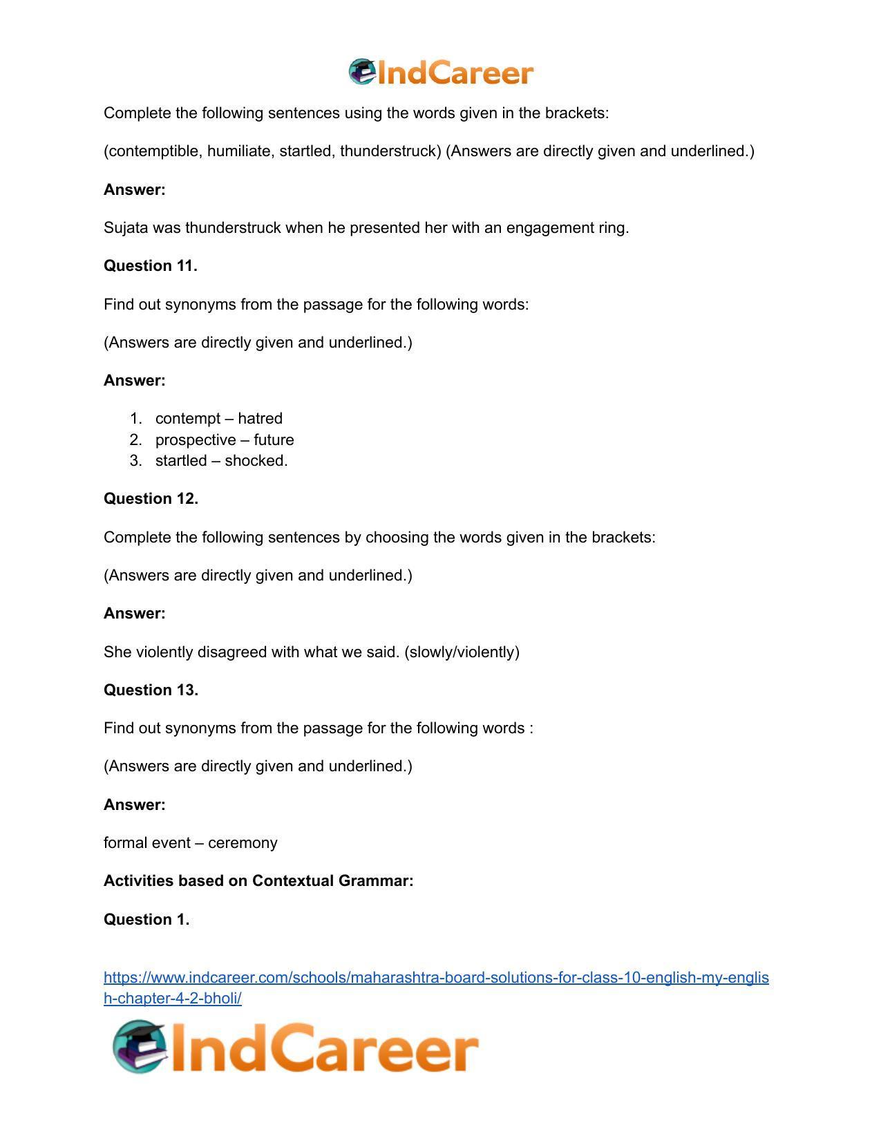 Maharashtra Board Solutions for Class 10- English (My English): Chapter 4.2- Bholi - Page 29