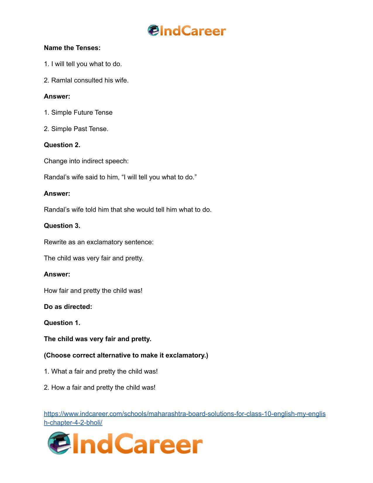 Maharashtra Board Solutions for Class 10- English (My English): Chapter 4.2- Bholi - Page 30