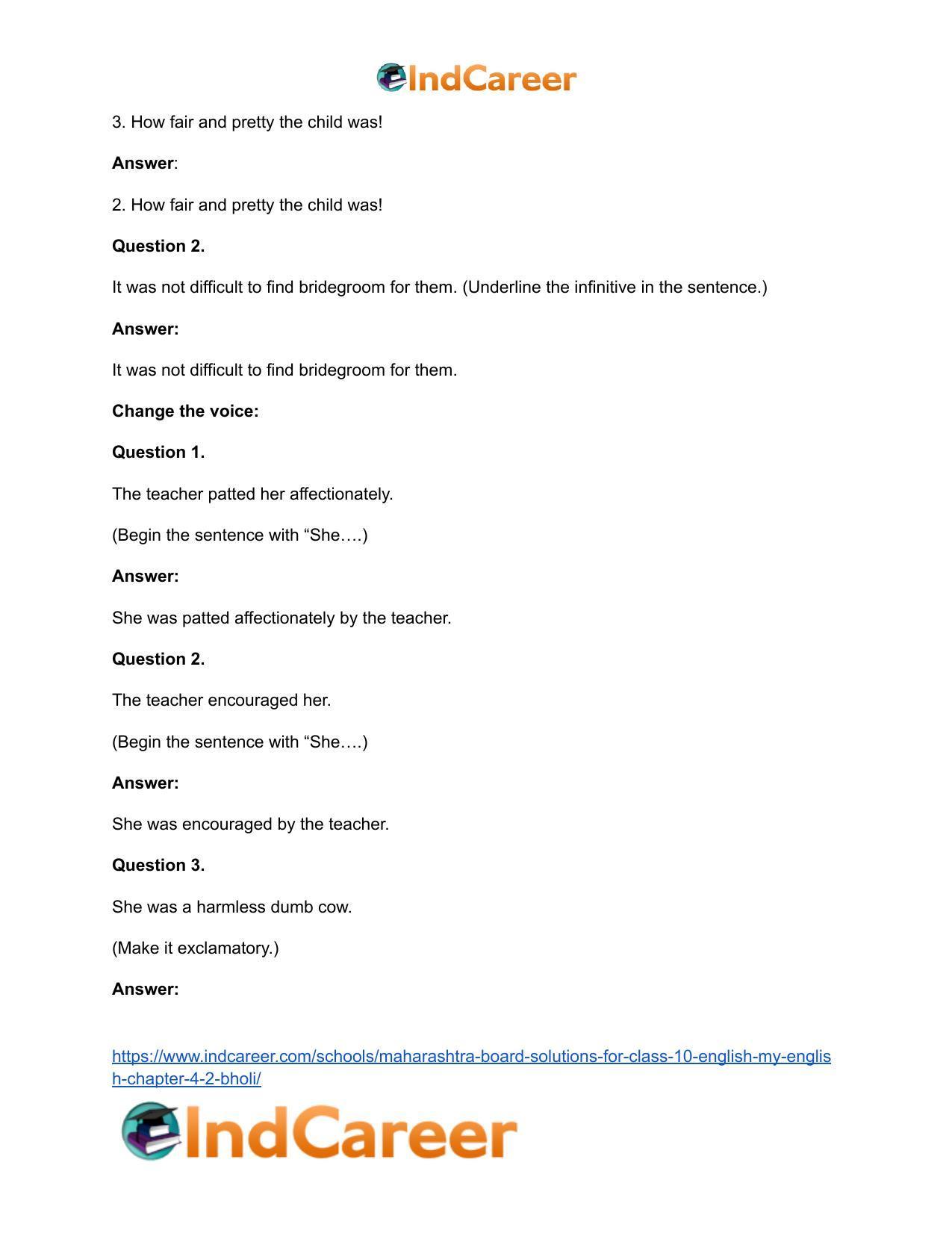 Maharashtra Board Solutions for Class 10- English (My English): Chapter 4.2- Bholi - Page 31