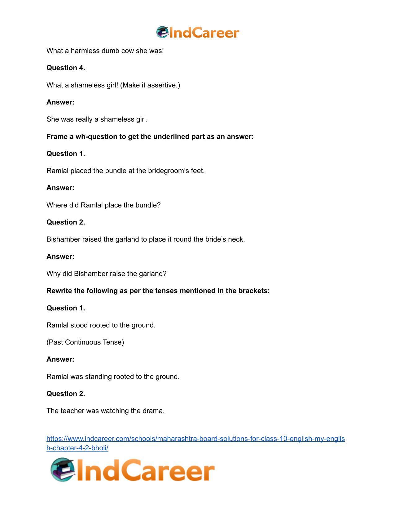 Maharashtra Board Solutions for Class 10- English (My English): Chapter 4.2- Bholi - Page 32