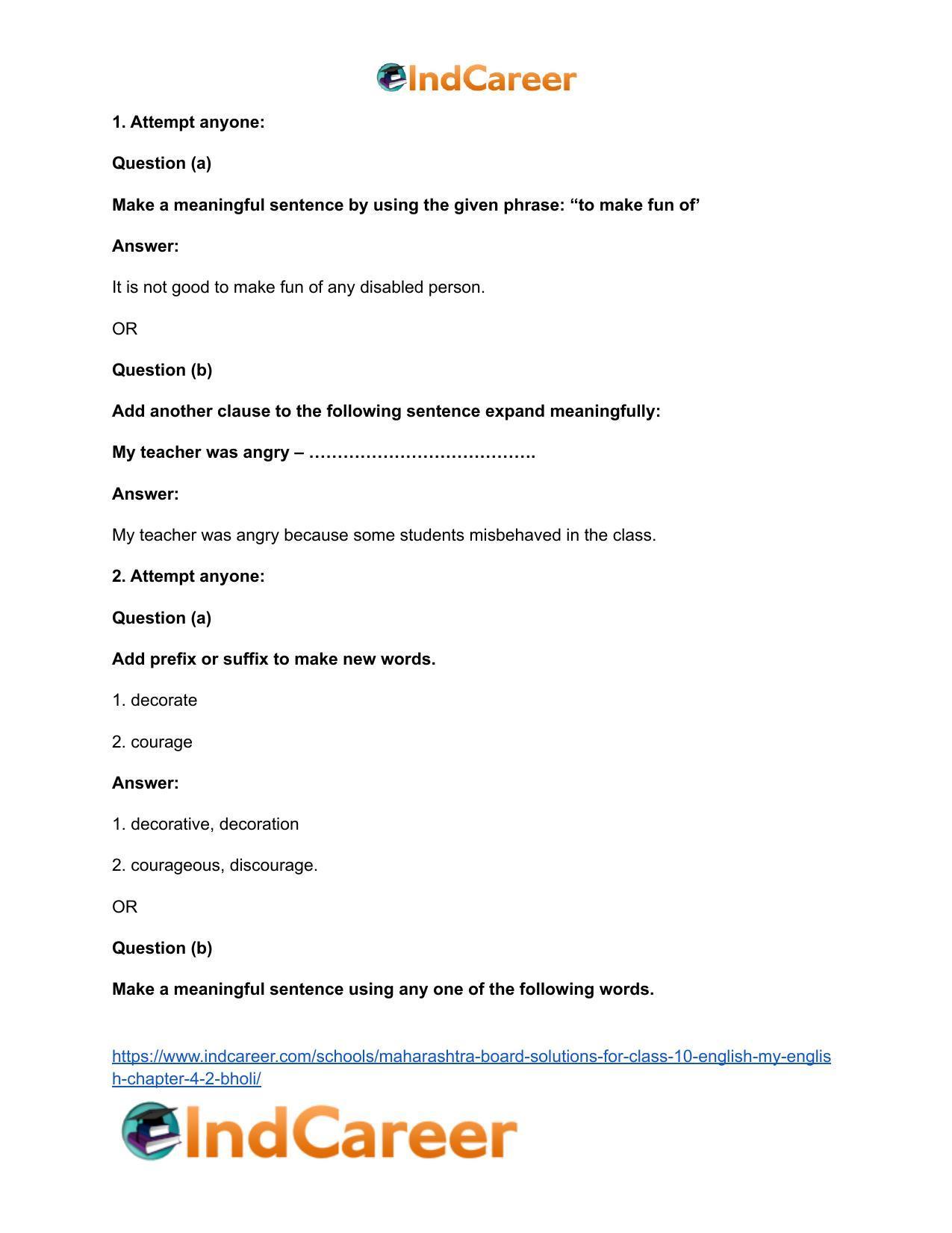 Maharashtra Board Solutions for Class 10- English (My English): Chapter 4.2- Bholi - Page 35