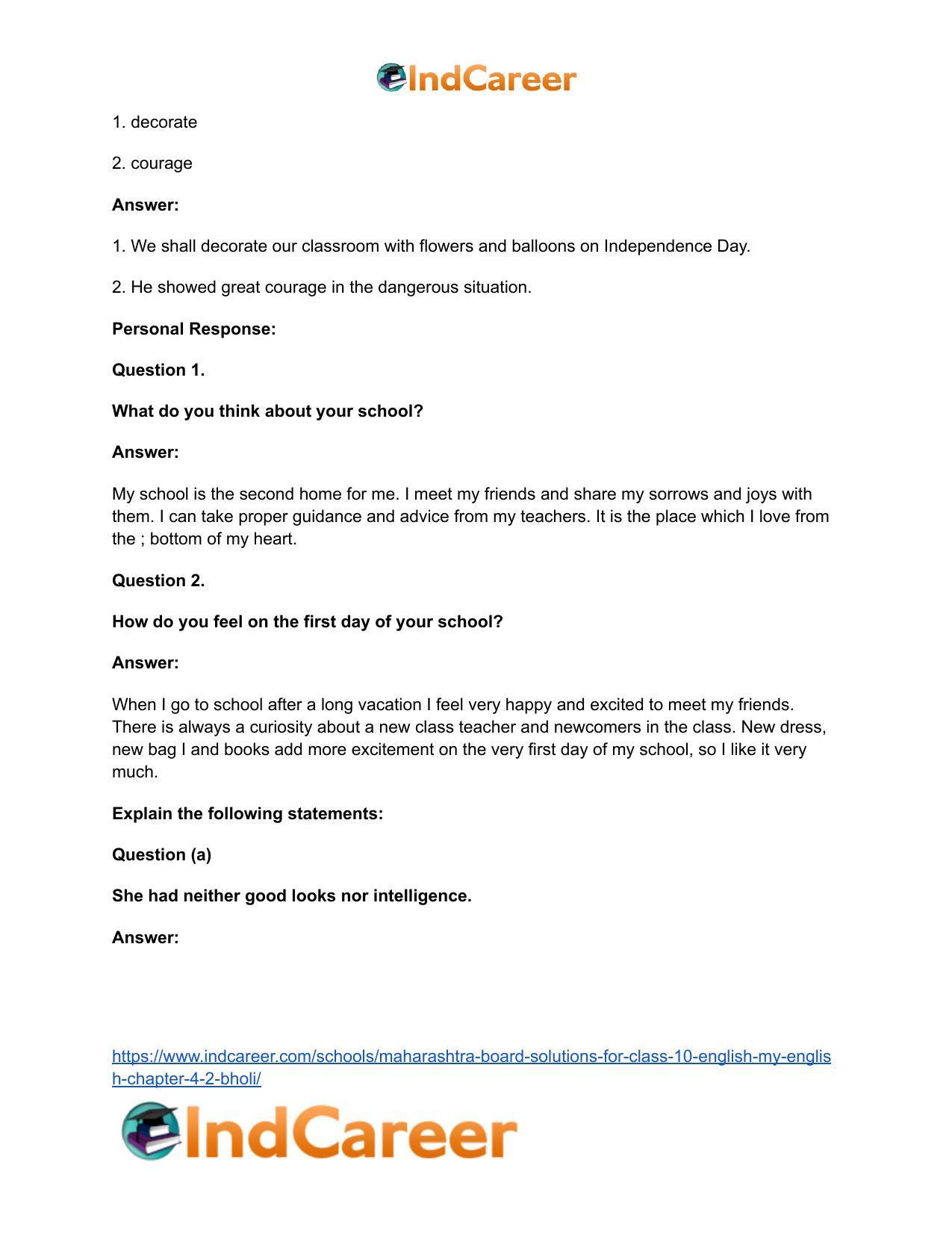 Maharashtra Board Solutions for Class 10- English (My English): Chapter 4.2- Bholi - Page 36