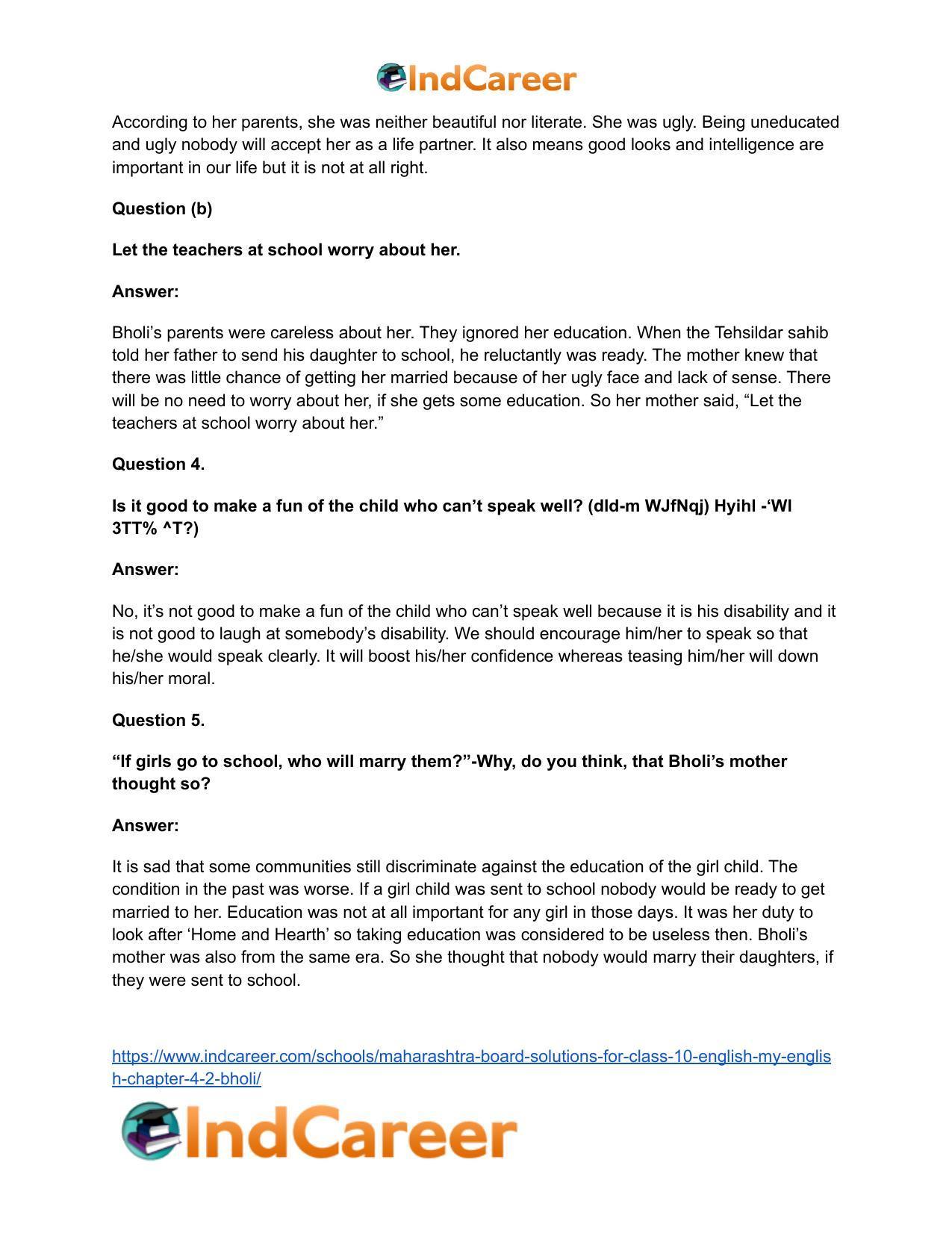 Maharashtra Board Solutions for Class 10- English (My English): Chapter 4.2- Bholi - Page 37