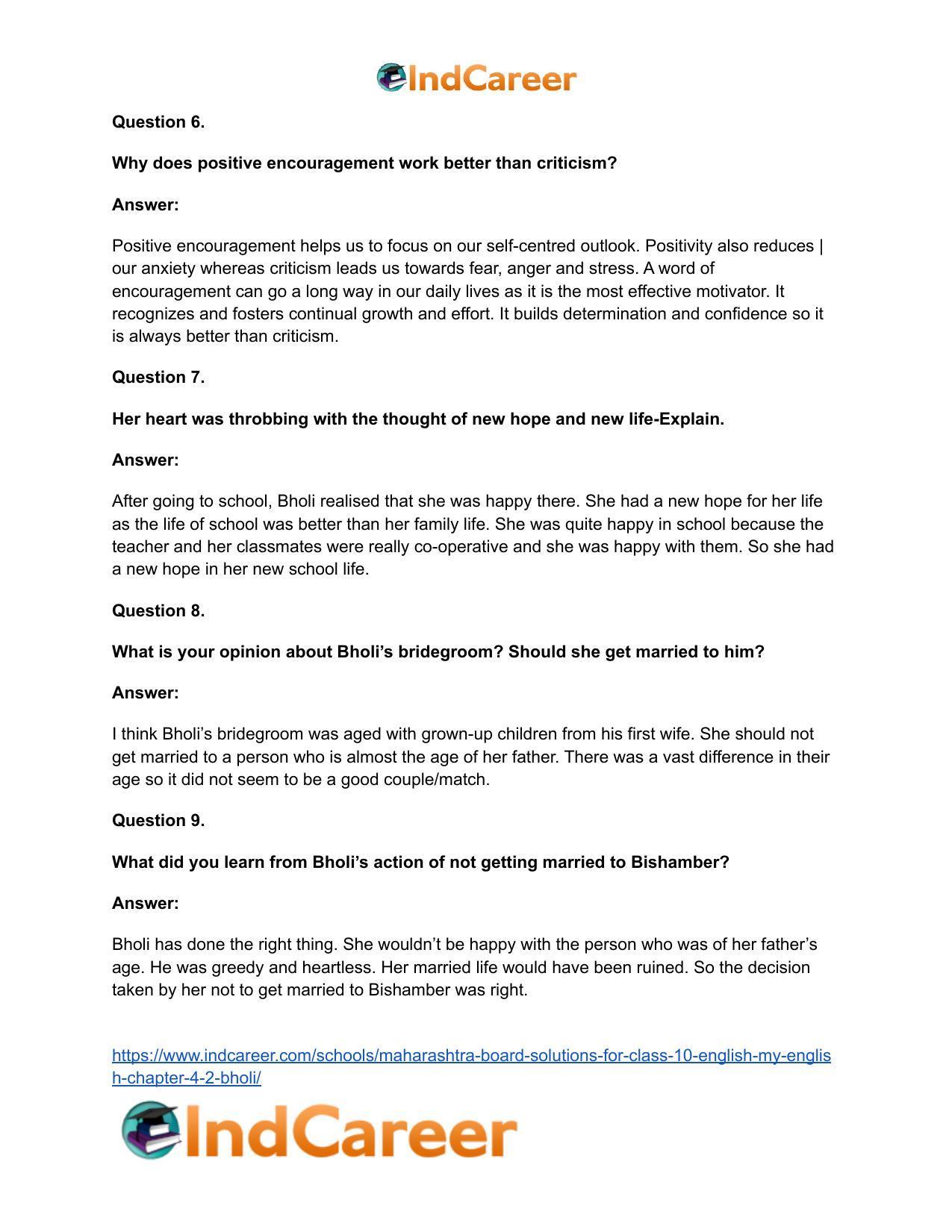 Maharashtra Board Solutions for Class 10- English (My English): Chapter 4.2- Bholi - Page 38