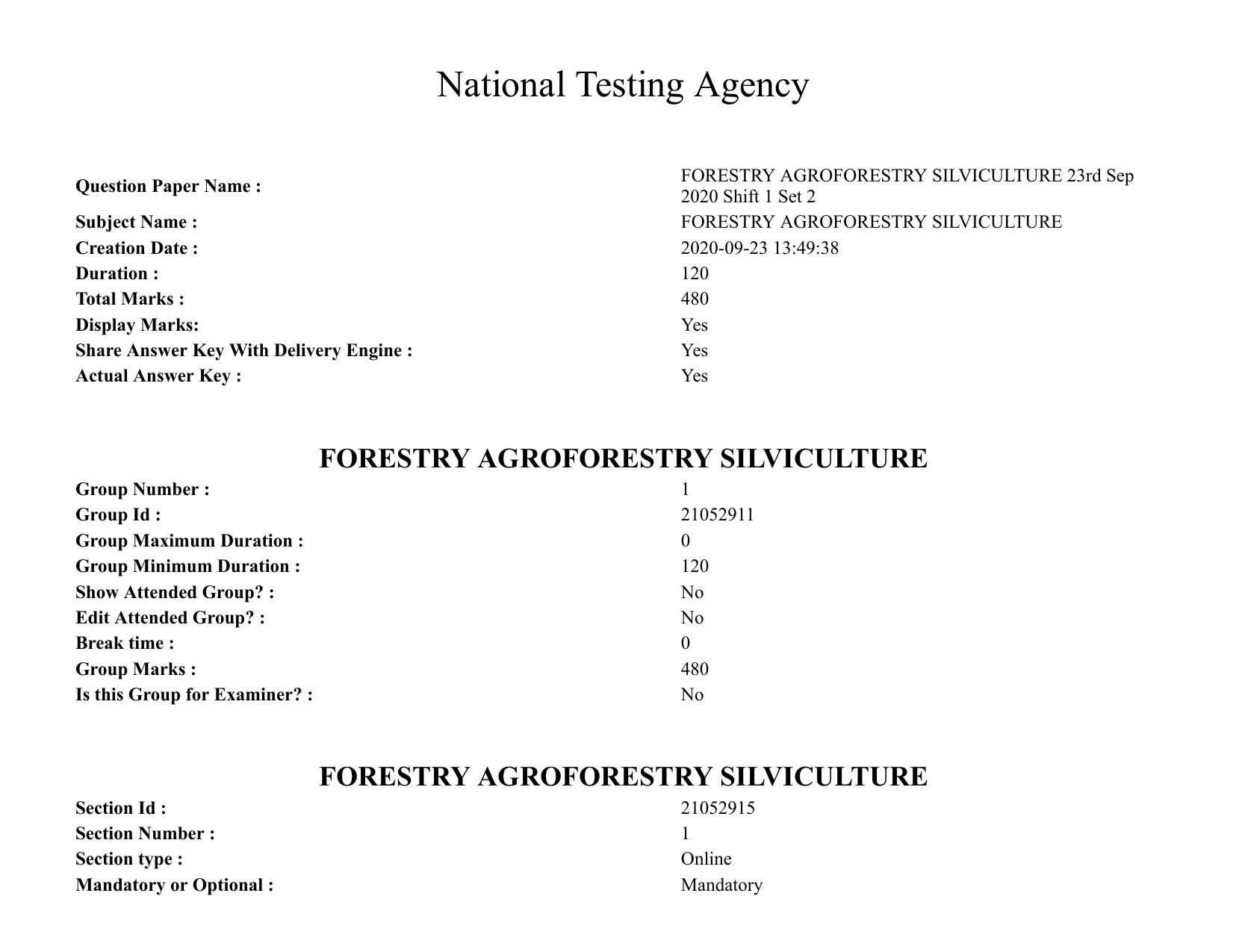 ICAR AIEEA PG 2020 FORESTRY AGROFORESTRY SILVICULTURE Question Paper - Page 1