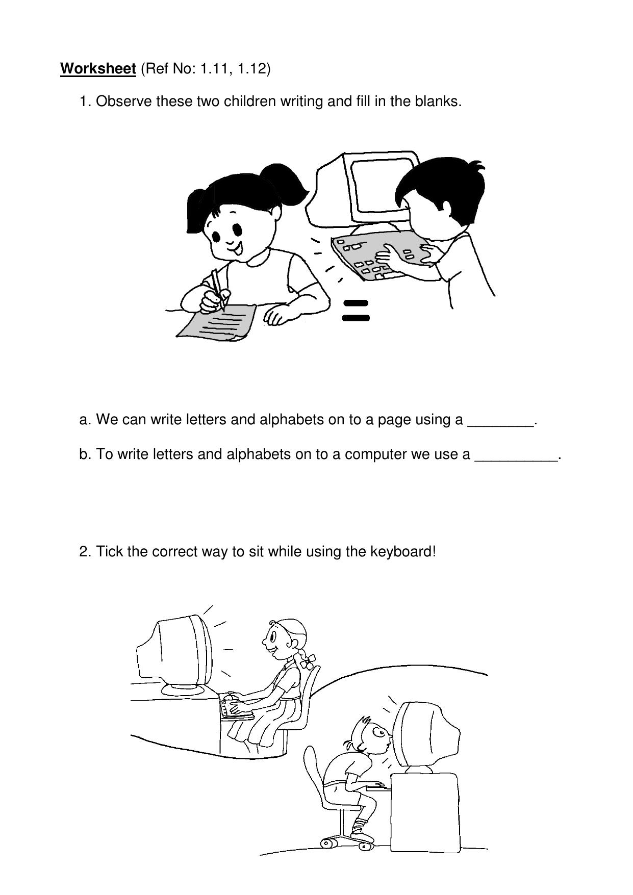 Worksheet for Class 1 Computer Science Operating a keyboard Assignment - Page 1
