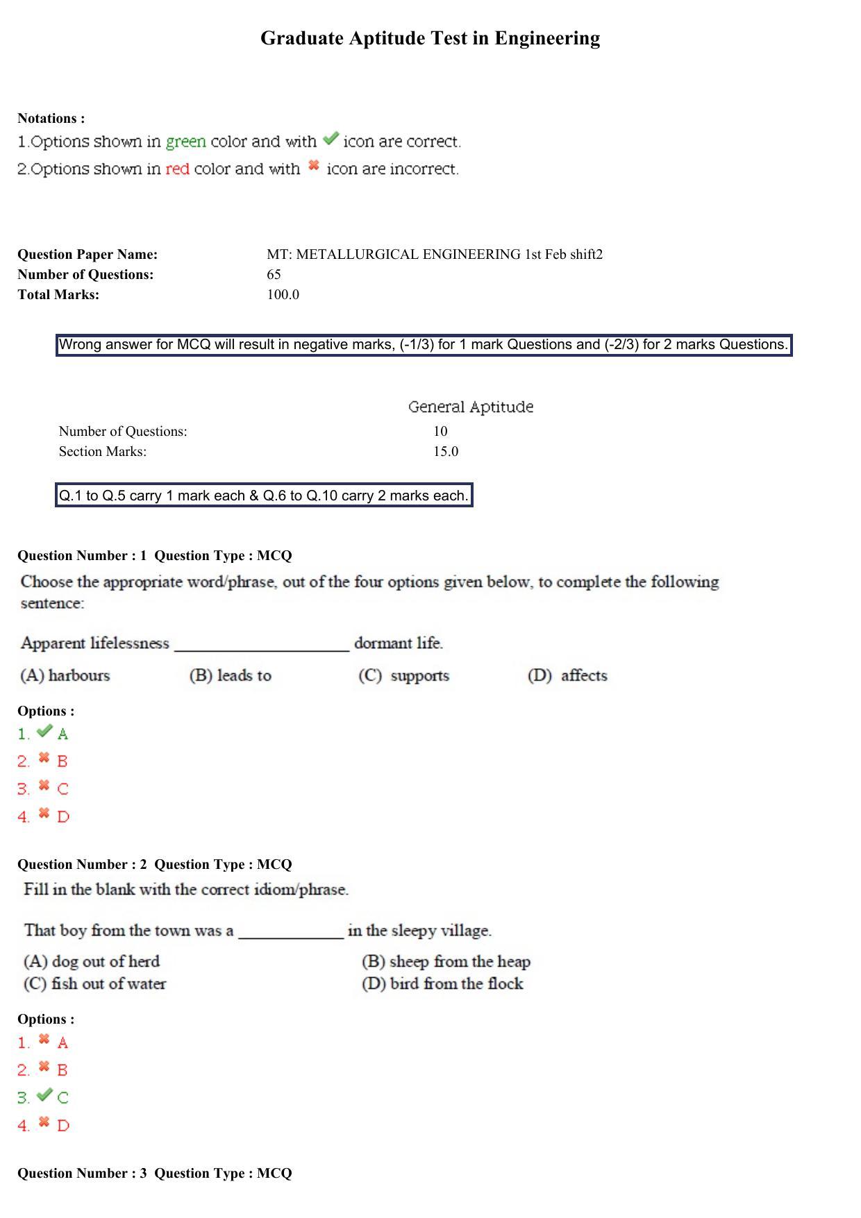 GATE 2015 Metallurgical Engineering (MT) Question Paper with Answer Key - Page 1