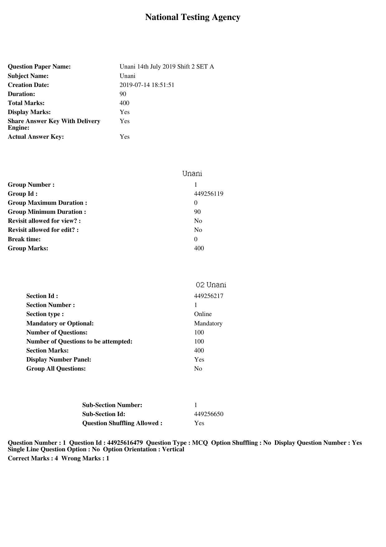 AIAPGET 2019 Unani Question Paper - Page 1