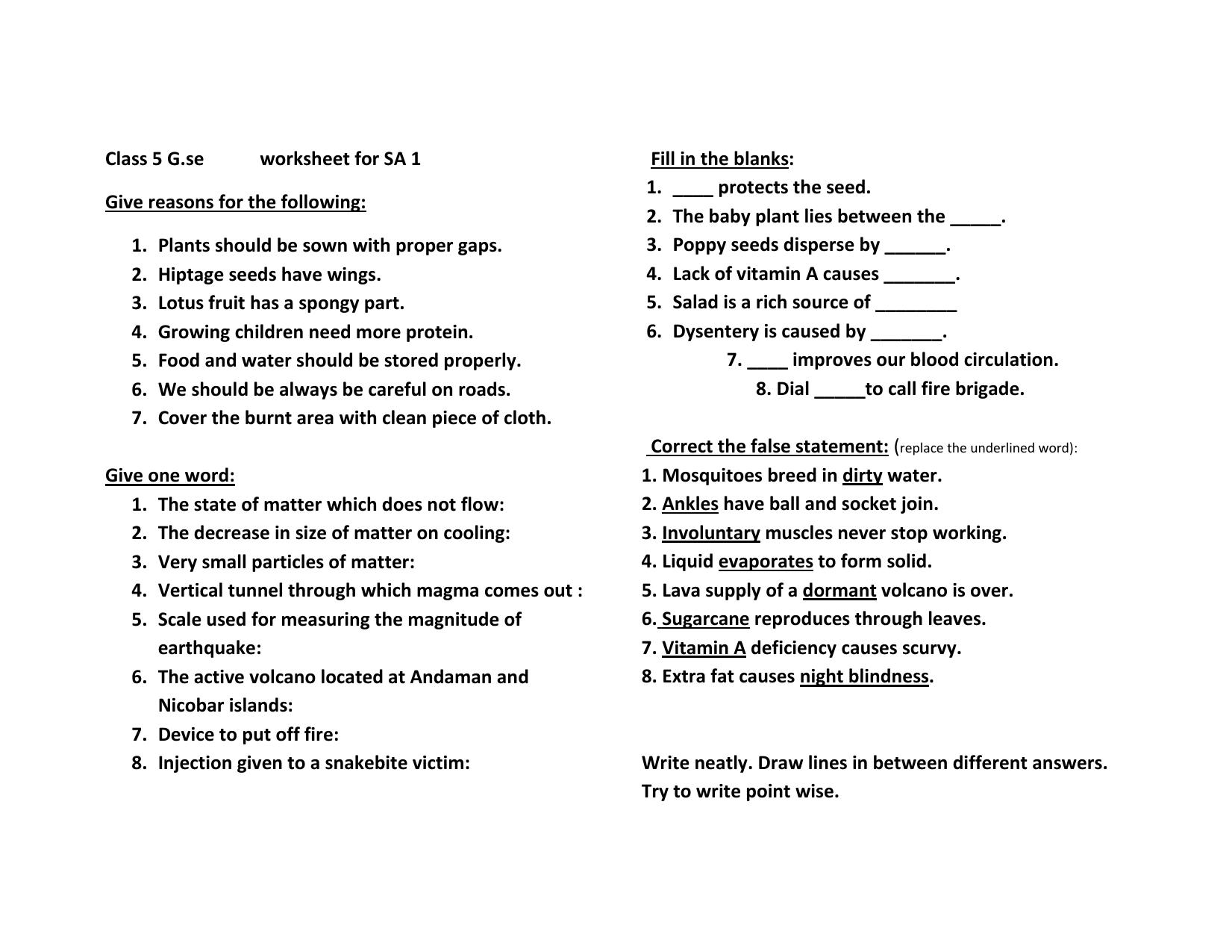 Worksheet for Class 5 Science Assignment 4 - Page 1